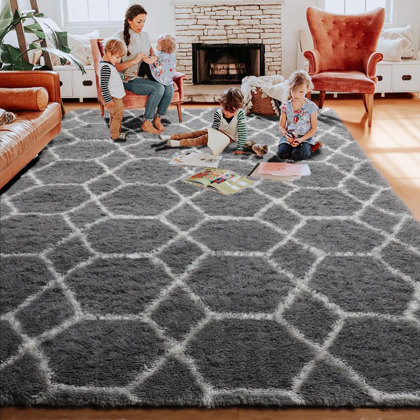 ONASAR 6x9 Area Rugs for Living Room Bedroom, Large Fluffy Grey and White Throw Rug, Geometric Soft Plush Shaggy Floor Carpet for Nursery Kids Girls Boys Teen Dorm Home Decor Aesthetic