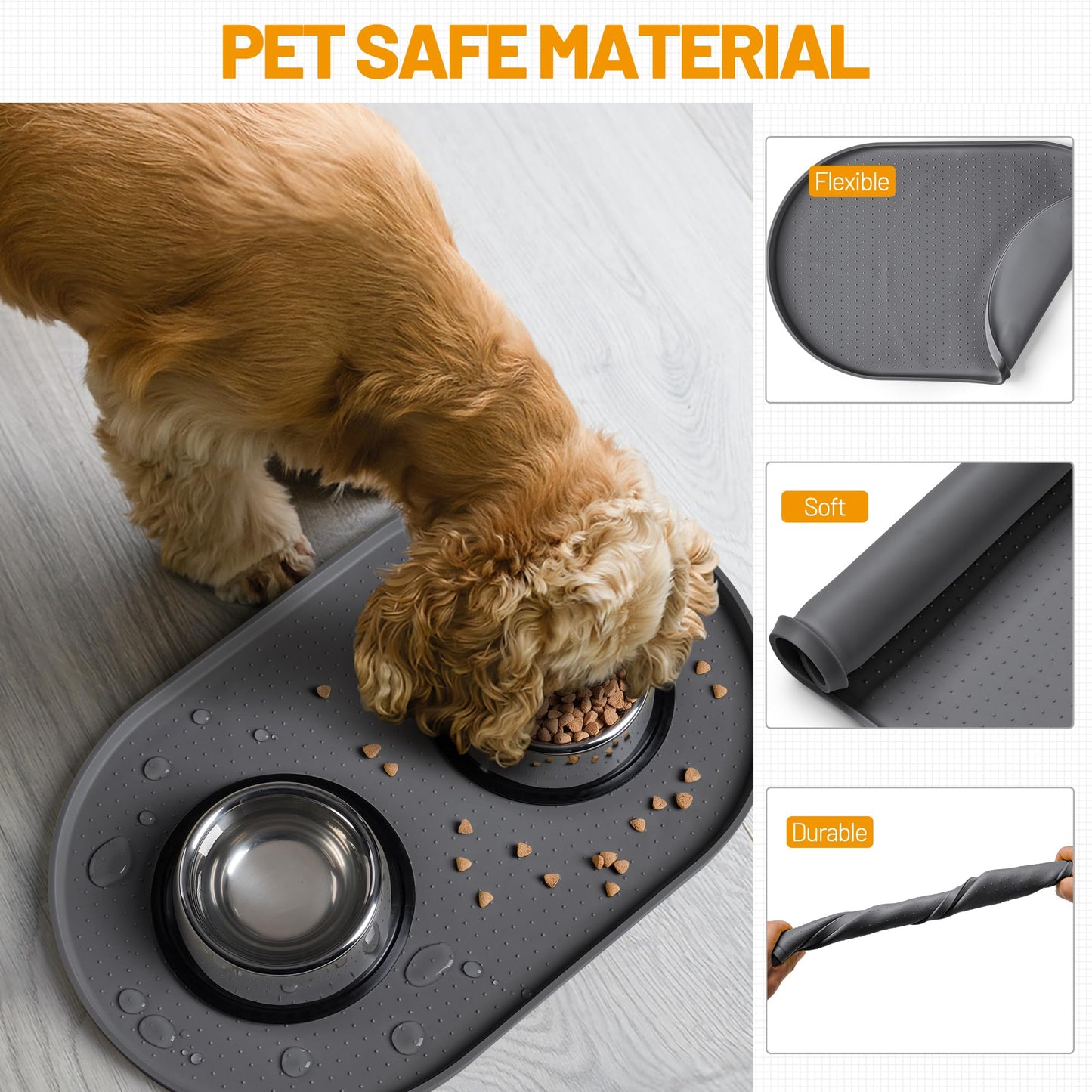 Hubulk 100% Waterproof Silicone Pet Feeding Mat with Raised Edge for Food and Water, Dog Bowl Mats, Cat Bowls Placemat with High Lip Protects Floor for Cats and Dogs (Gray, 19" L x 12" W)