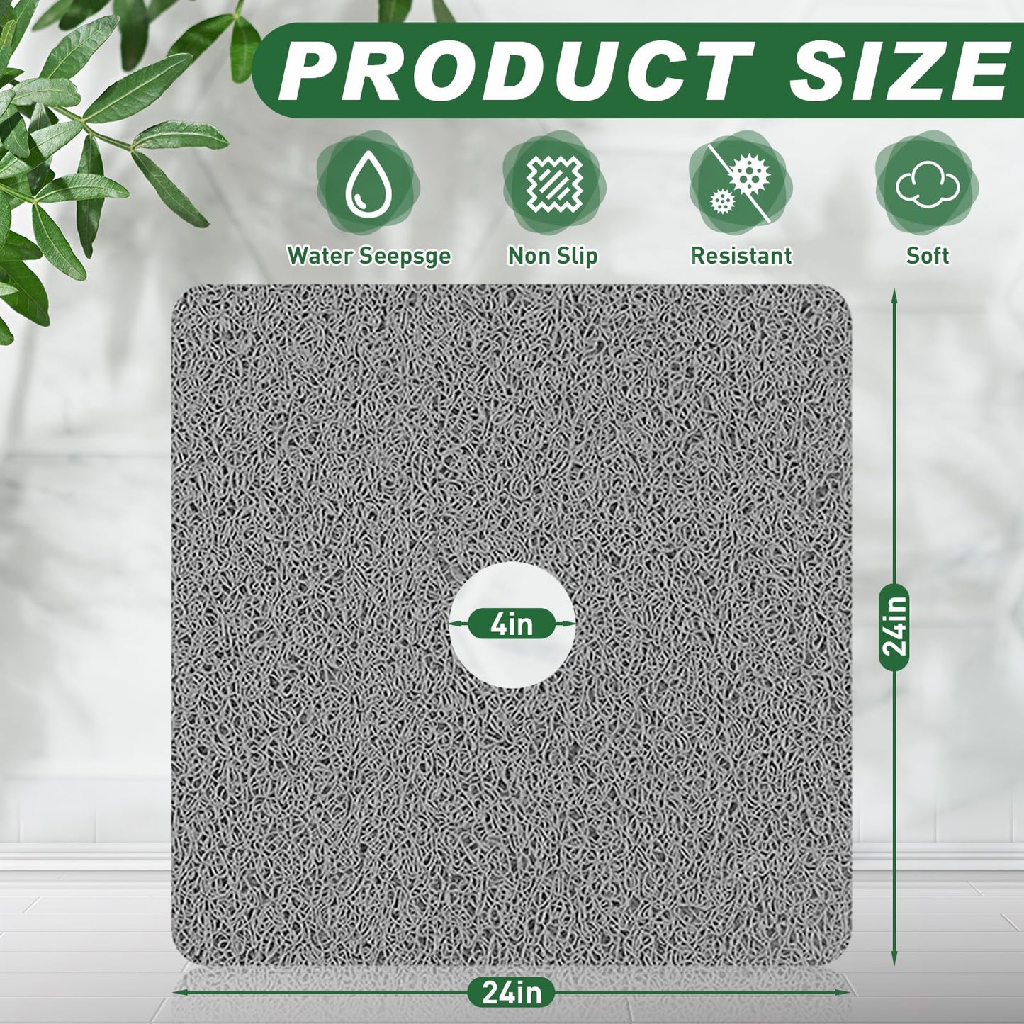 Shower Mat Non Slip,Soft Bath Mat with Drain,Quick Drying PVC Loofah Bathtub Mat for Bathroom,Without Suction Cups,24 x 24 Inch (Grey)