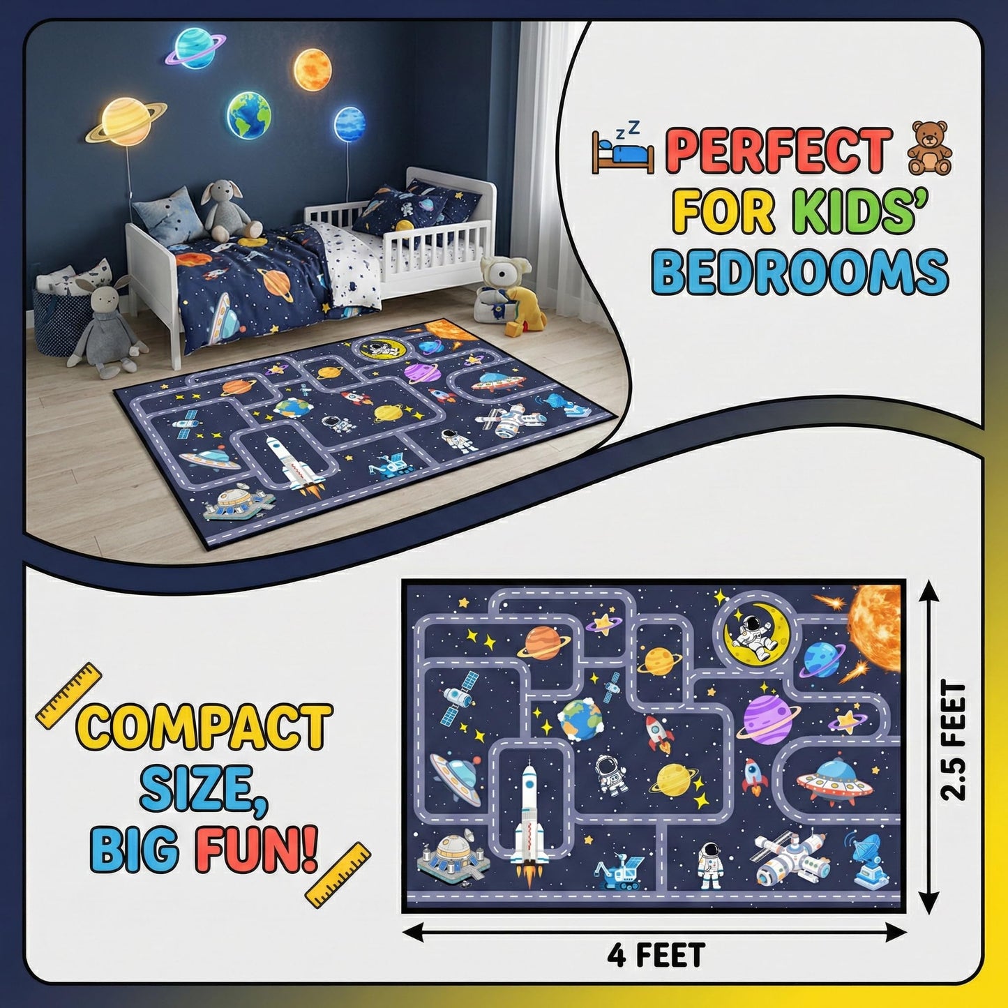 FTBNIQWRHN Outer Space Rug for Boys Room 2.5x4 Feet, Non-Slip Kids Rug with Roads and Tracks, Solar System Planet Play Mat, Galaxy Area Rugs for Bedroom, Playroom, Educational Floor Carpet