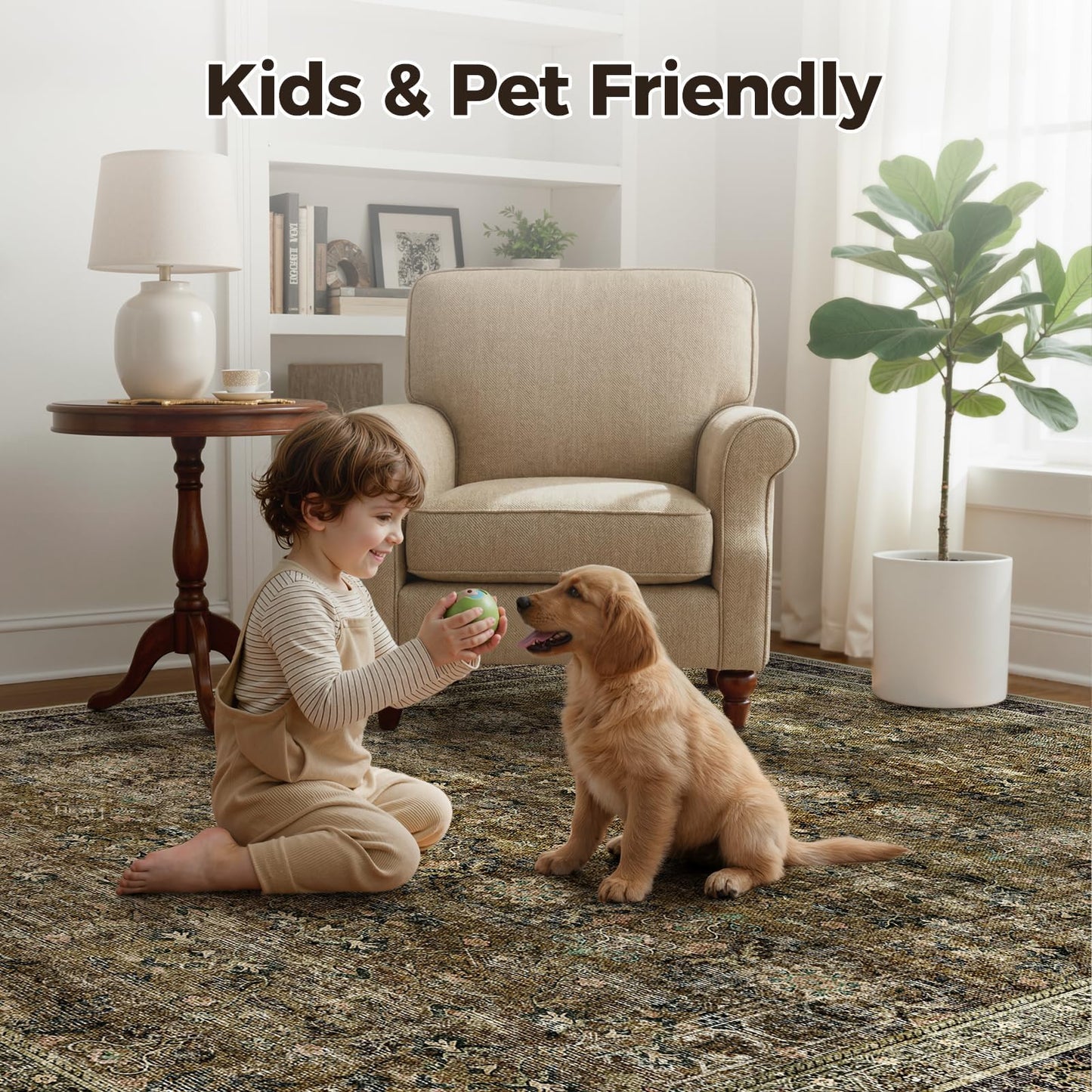 WITSHOCK 7x9 Area Rugs for Living Room: Boho Modern Dark Vintage Traditional Distressed, Washable Low Pile Non-Slip Carpet for Dining Room Bedroom Nursery Kids Playroom, Brown Olive Green