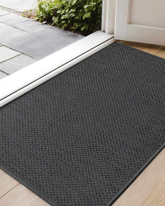 Color&Geometry Ultra-Thin Indoor Door Mat, 17"x30" Low-Profile Non-Slip Entryway Rug with Modern Geometric Texture, Washable Doormat for Entrance, Front Doors, Heather Grey (Rolled-up NO Creases)