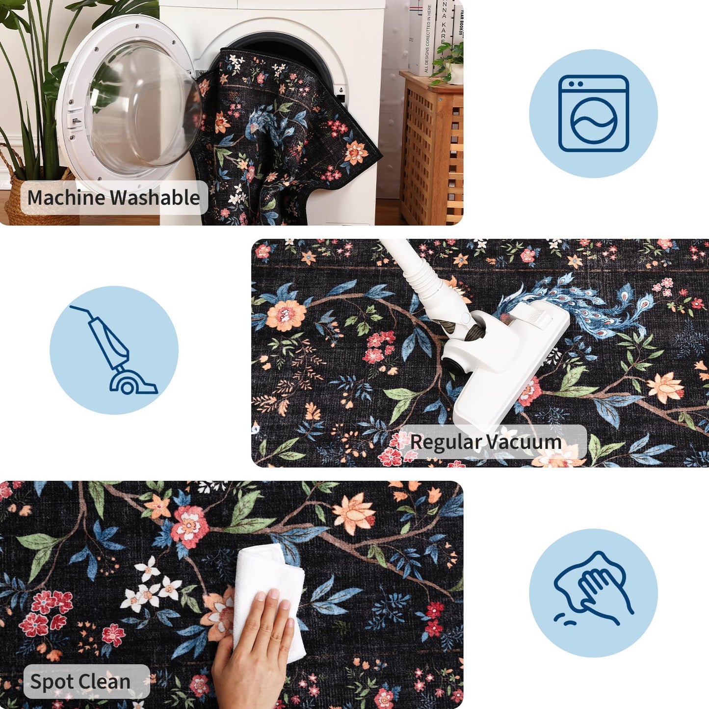 GarveeHome 5x7 Area Rug Floral Peacock Black Washable Rugs for Living Room Bedroom, Soft Low Pile Non Slip Accent Floor Mat Animal Print Throw Rug Indoor Carpet Dining Room Playroom