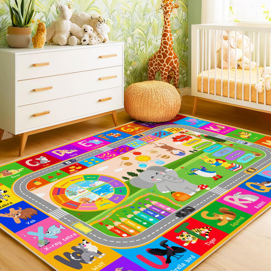 Pionblank Kids Rug for Bedroom Playroom Classroom Kindergarten, 3x4 Educational Area Rugs with ABC Alphabet Numbers Color Season Month for Toddler Nursery Girls Boys