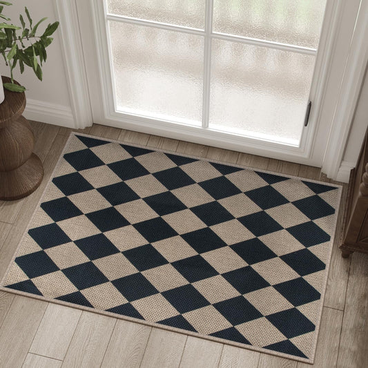 Rugalia Easy Jute Checkered Entryway Rug, 2x3 Black Modern Indoor Outdoor Doormat, Washable Non-Slip Neutral Small Kitchen Rug Farmhouse Diamond Throw Rugs for Entrance Bedroom Bathroom