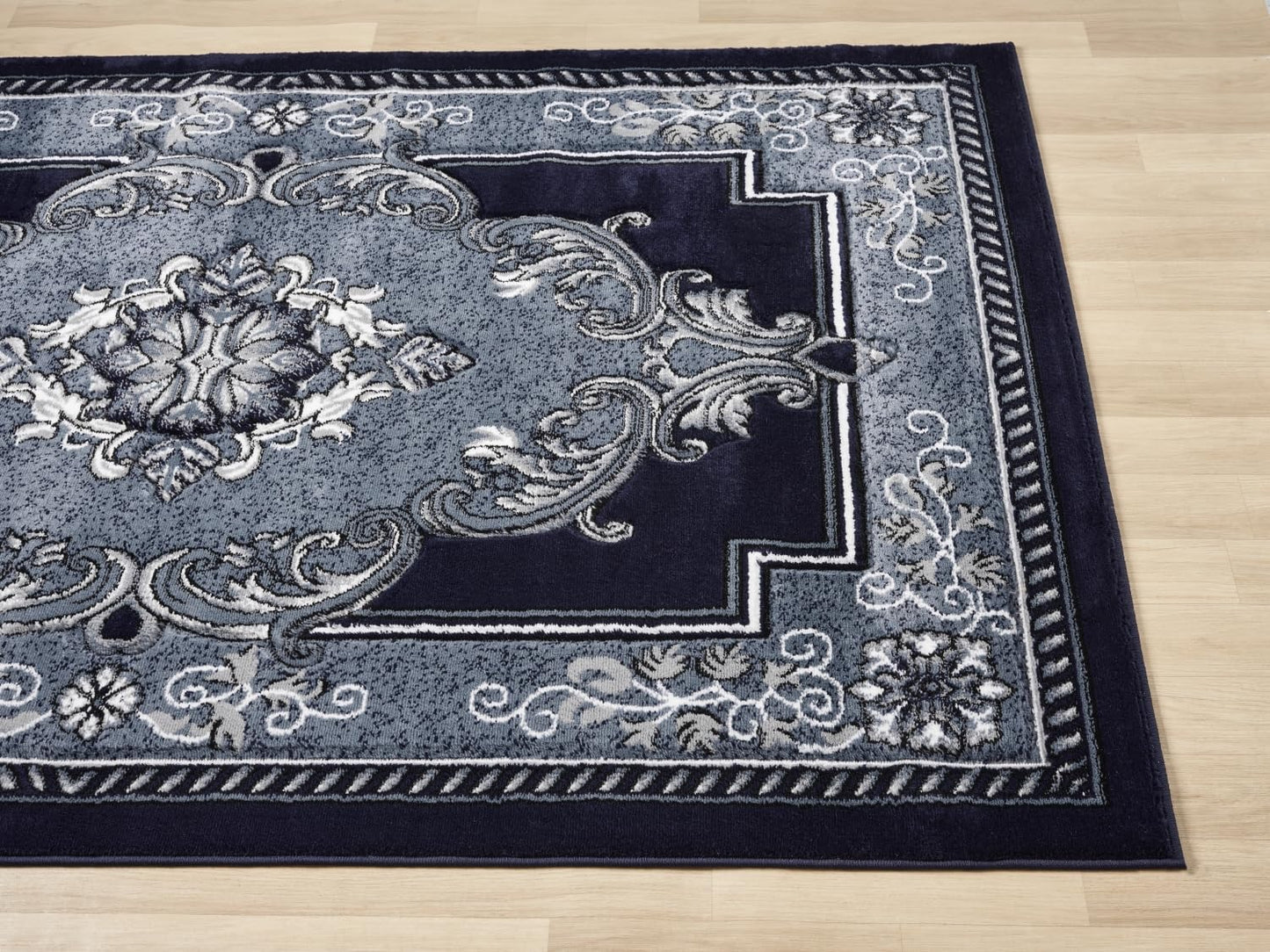HADBA Modern 8 x 10 Rug for Living Room - Navy Oriental Large Area Rugs for Living Room Dining & Bedroom - Hand Carved Runner Carpet - Durable Polyester - Non-Fade Stain-Resistant - Turkish Made