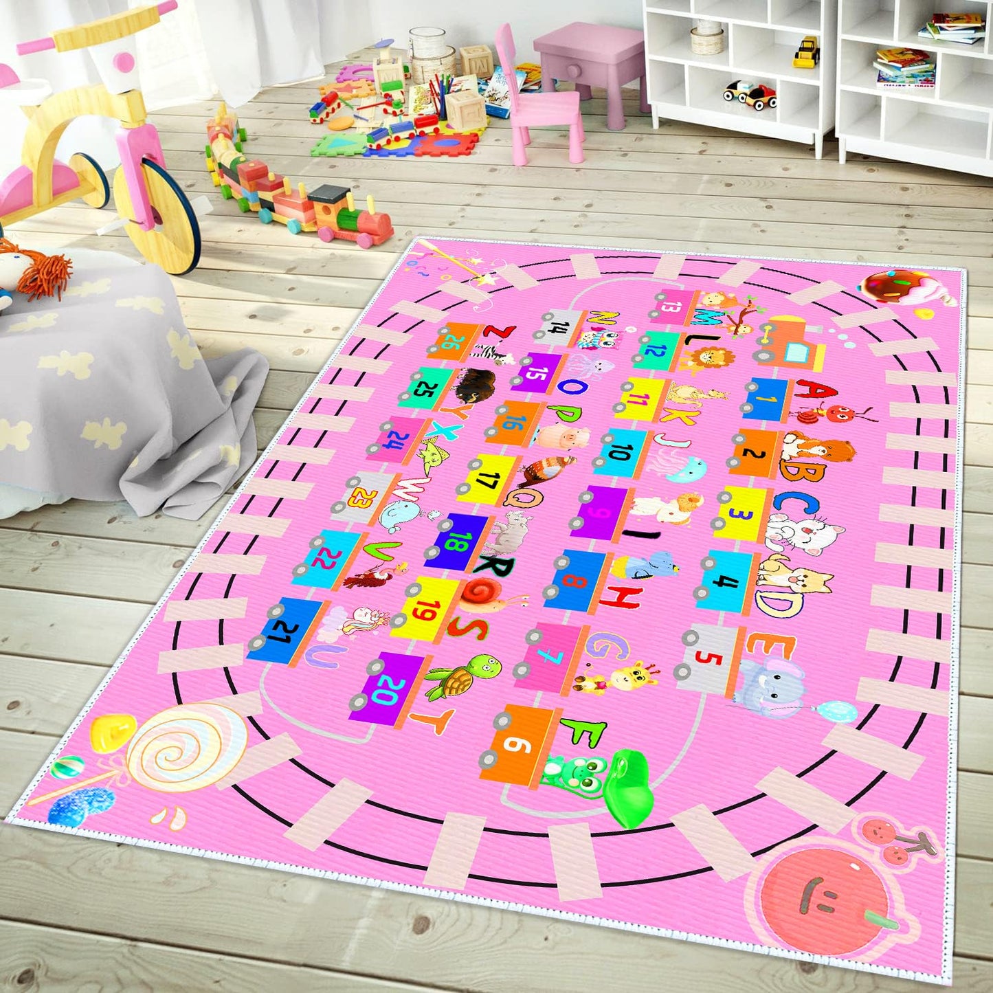 DoRlPIeY Kids ABC Pink Play Rug, Girl Alphabet Rugs with Numbers Animal Train and Road Shapes Learning Fun Educational Carpet, Playmat for Kid Bedroom Playroom(31x47 in Small Pattern)