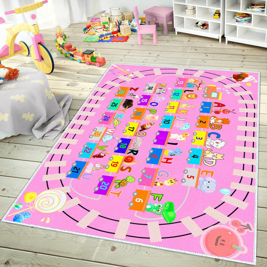 DoRlPIeY Kids ABC Pink Play Rug, Girl Alphabet Rugs with Numbers Animal Train and Road Shapes Learning Fun Educational Carpet, Playmat for Kid Bedroom Playroom(31x47 in Small Pattern)