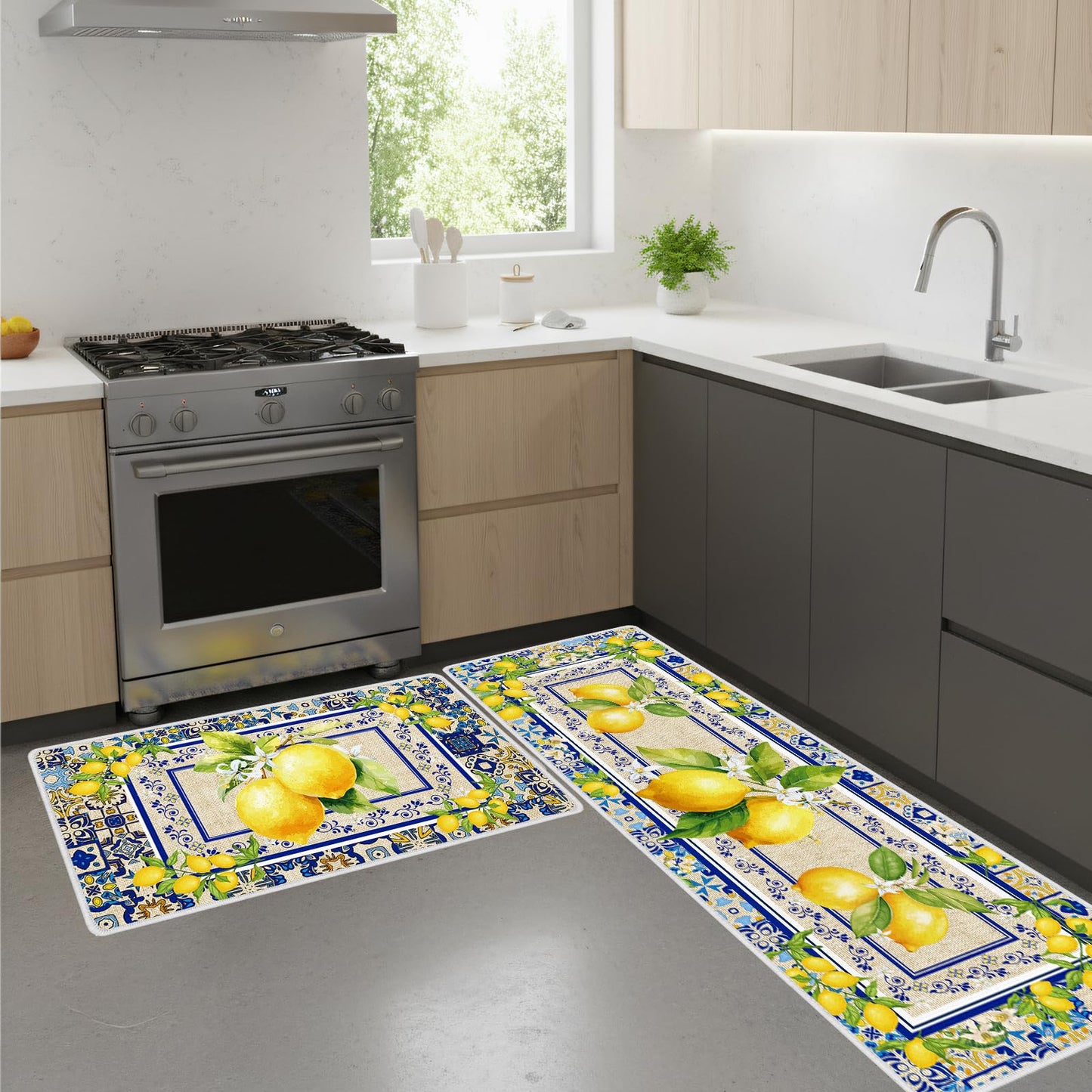 InIsaJace Lemon Kitchen Mats Set of 2, Mediterranean Kitchen Rugs Non Slip for Floor, Amalfi Coast Decor Yellow and Blue Decorative Rug for Home (16x28 +16x47 Inches)