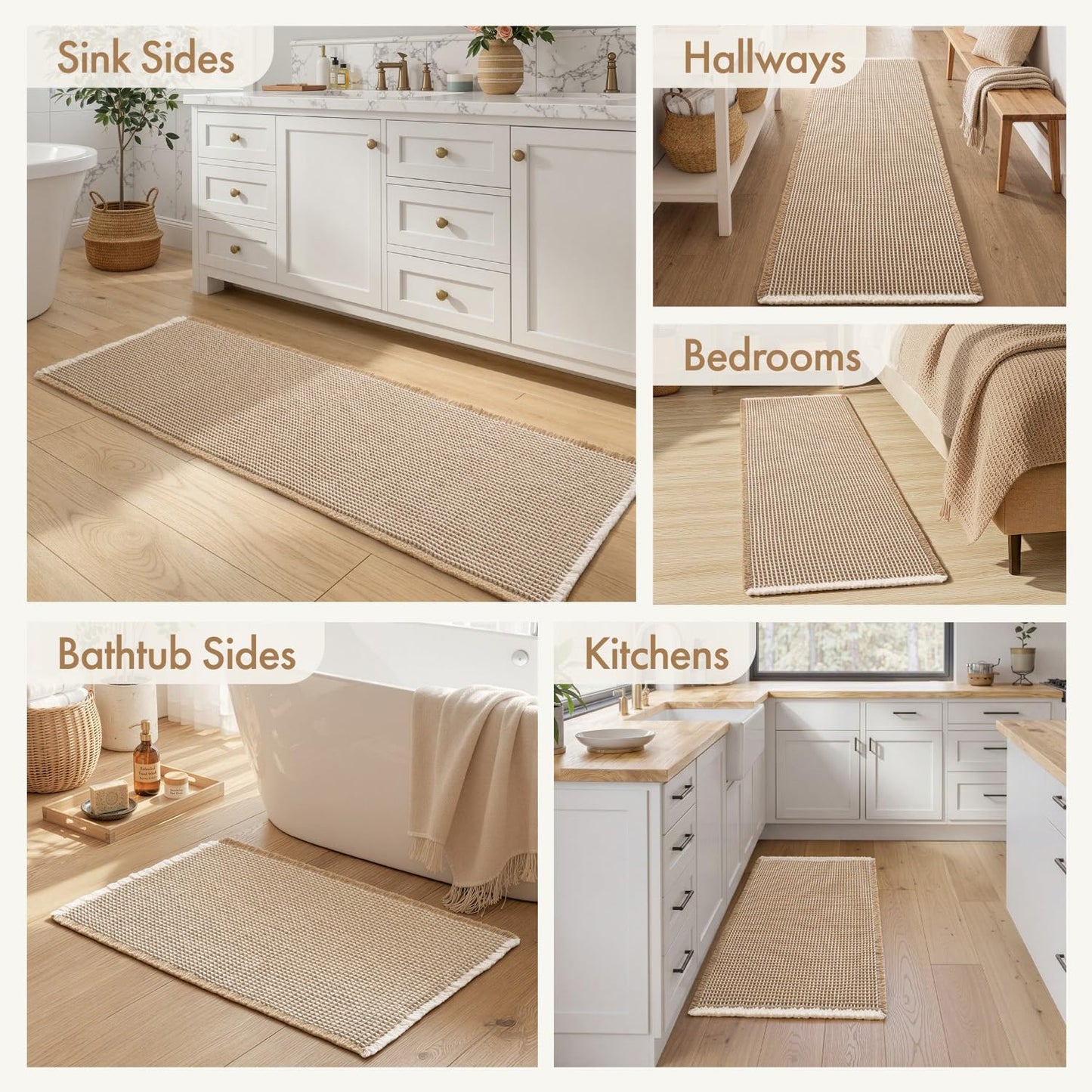 MIULEE Waffle Bathroom Runner Rugs, Super Absorbent Non Slip Bath Rug, Soft Quick Dry Washable Boho Large Beige Bath Mat with Tassels for Hallway Laundry Room Bedroom, 2'x6' (24"x72"), Brown & White