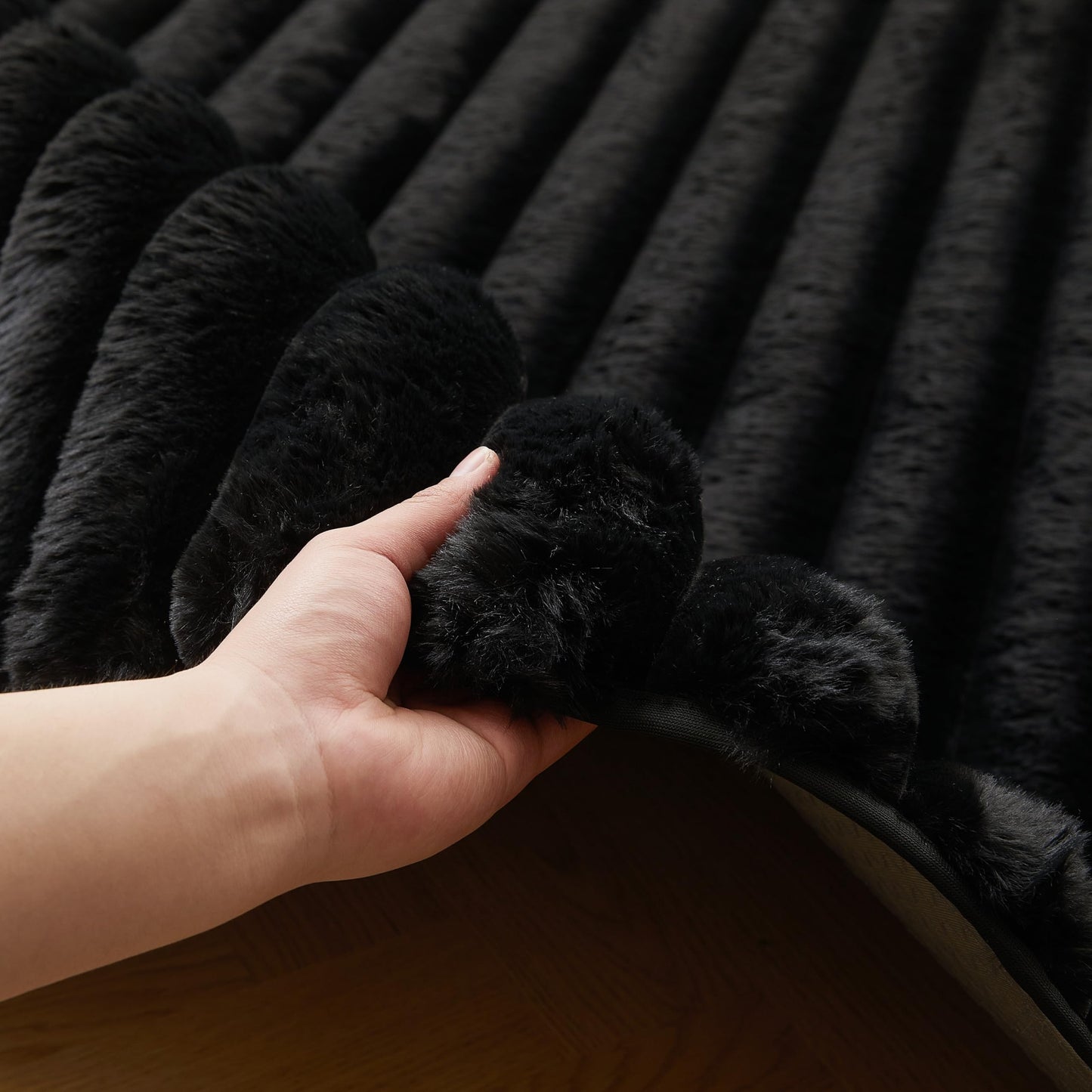 Black Rabbit Striped Plush Rug 6'x9', Fluffy Shaggy Area Rug for Nursery & Kids Room, Faux Fur Carpet for Girls Bedroom, Living Room, Teen Decor