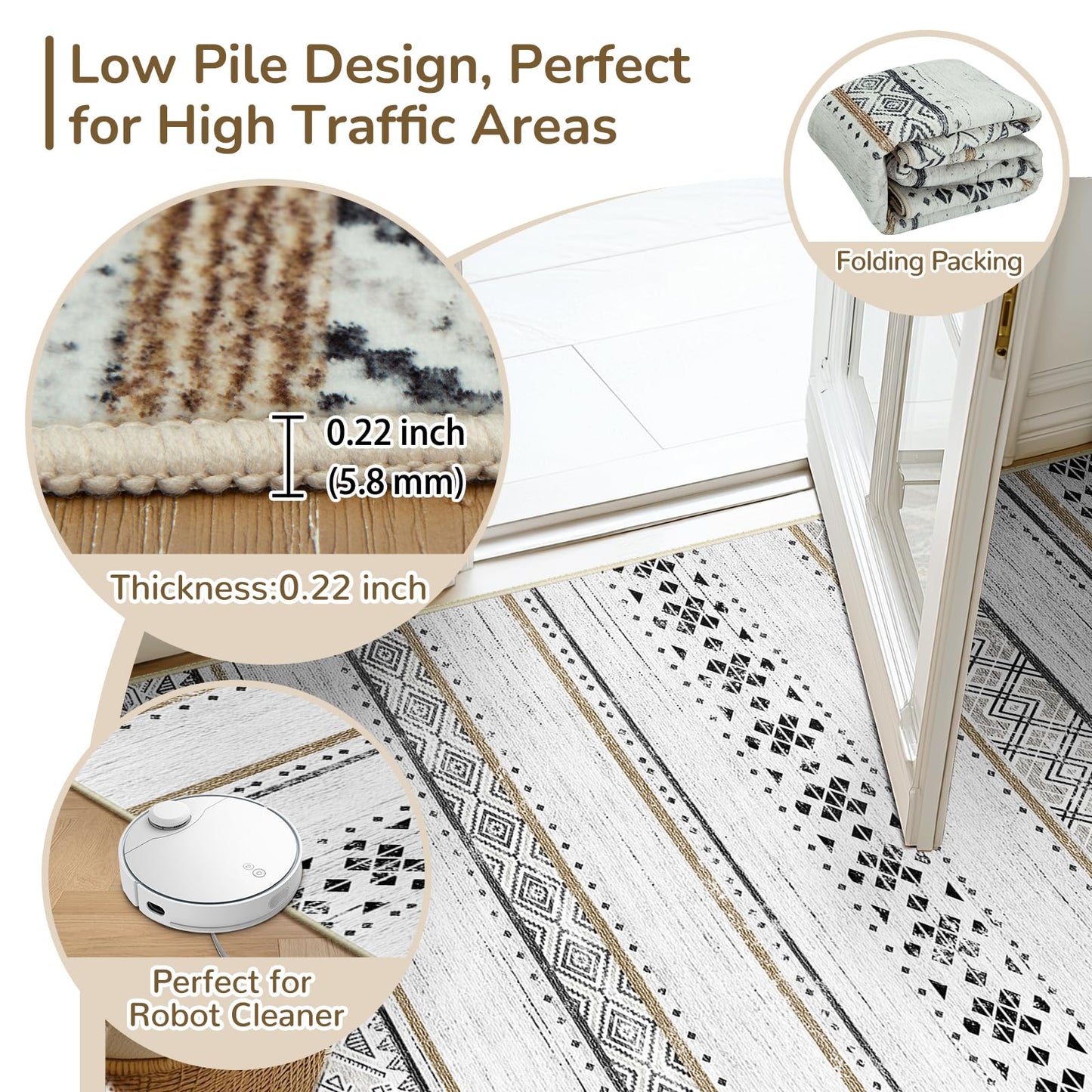 BESTSWEETIE 5x7 Area Rugs for Living Room Washable Moroccan Farmhouse Neutral Geometric Low Pile Non-Slip Soft Print Pattern Rug for Bedroom Kitchen Dining Room Entryway Black/Brown