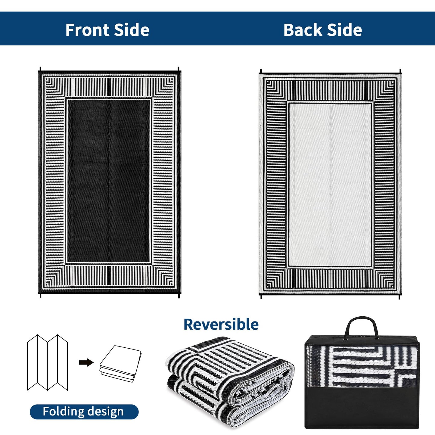 Garvee 9x12 Outdoor Rug for Patio Plastic Straw Rug Waterproof Reversible Mat Lightweight Foldable Carpet Easy Clean Large Rugs for Patio Porch Backyard Camping RV Beach Balcony Deck Border Black