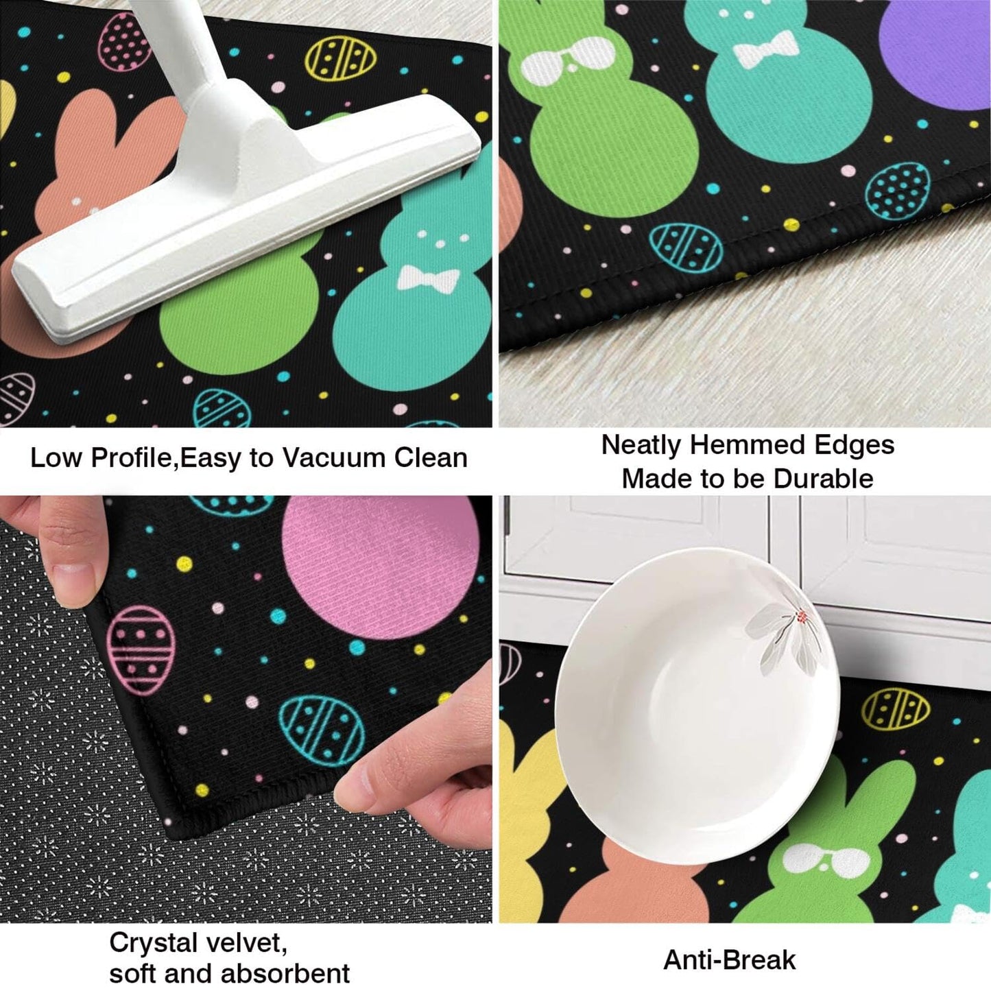 Qeenking Cute Easter Rabbit Farmhouse Kitchen Rugs Sets of 2, Black Bunny Washable Anti Fatigue Runner Mats for Floor, Non Slip Holiday Decor Mat for Sink, Laundry, Office 17"x 47"+17"x 30"