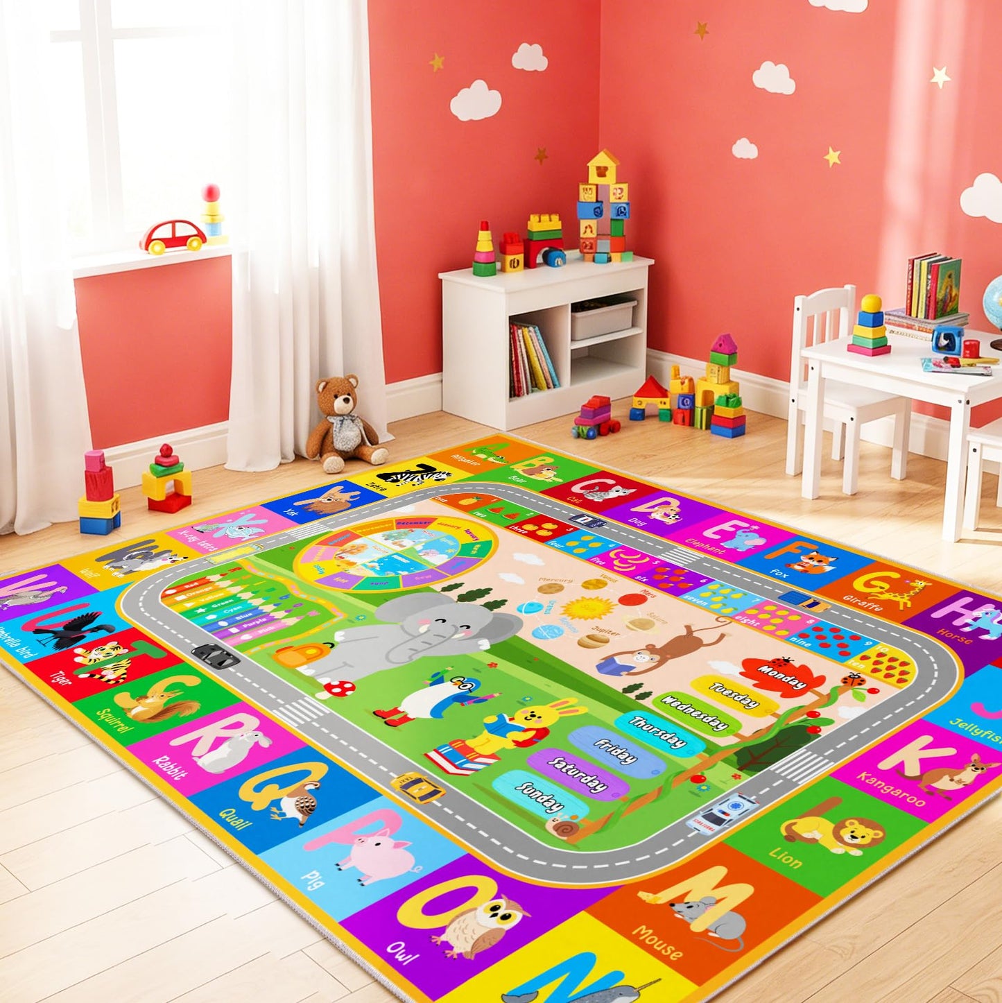 Pionblank Kids Rug for Bedroom Playroom Classroom Kindergarten, 3x4 Educational Area Rugs with ABC Alphabet Numbers Color Season Month for Toddler Nursery Girls Boys