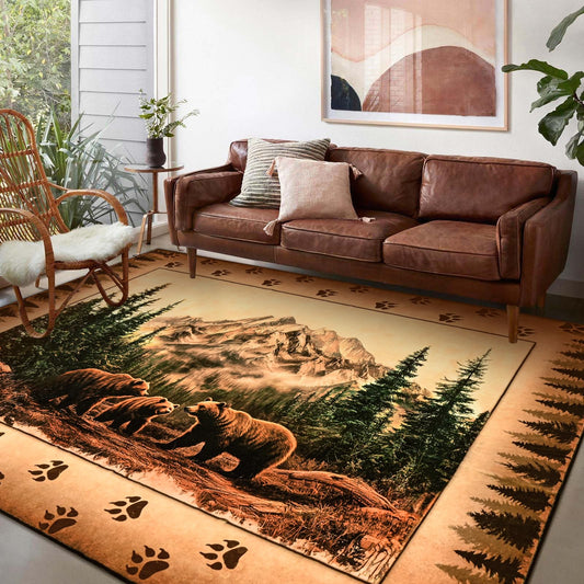 FRAMICS Rustic Cabin Area Rug 5x7, Farmhouse Lodge Bear Moose Deer Rug Washable Non Slip,Country Wildlife Area Rugs for Living Room Bedroom, Soft Faux Wool Throw Rugs Carpet Low Pile, Vintage Decor