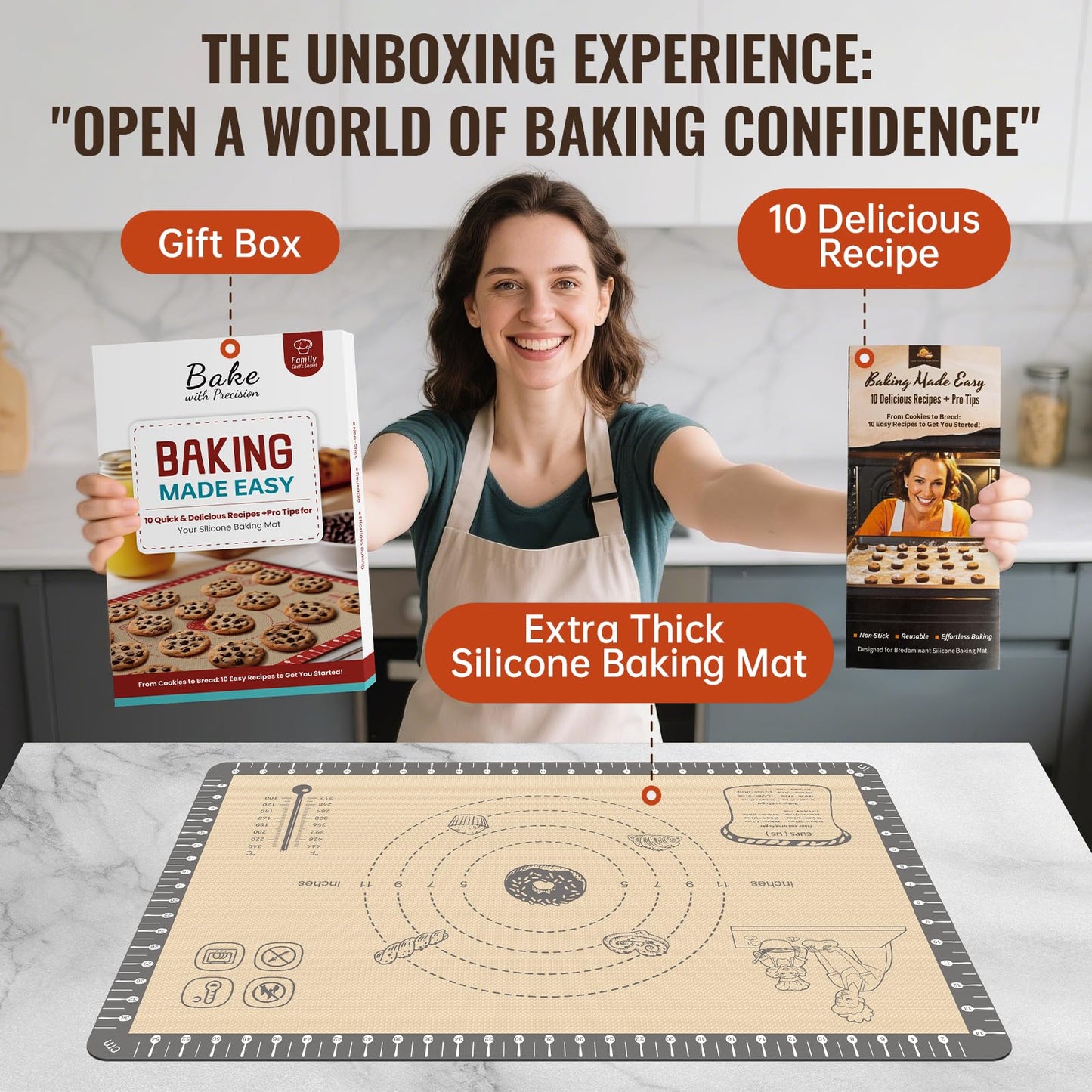 Silicone Baking Mat with 10 Quick Recipes, Extra Thick Silicone Mats for Baking, Non Stick Pastry Mat,Reusable kneading Dough Rolling Mat for Cookie, Macaron, Bread, Pizza-Tutorial Video Included
