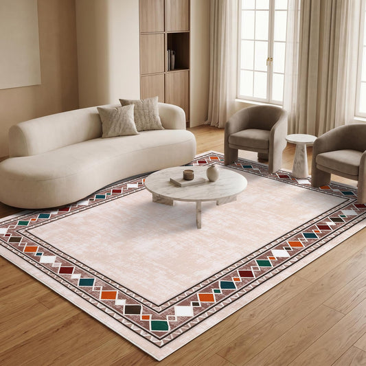Garvee 9x12 Washable Rugs for Living Room - Large Area Carpet Non Slip for Bedroom Vintage Border Floor Cover Stain Resistant Low Pile Easy Clean Pet Friendly for Dining Office Nursery, Beige