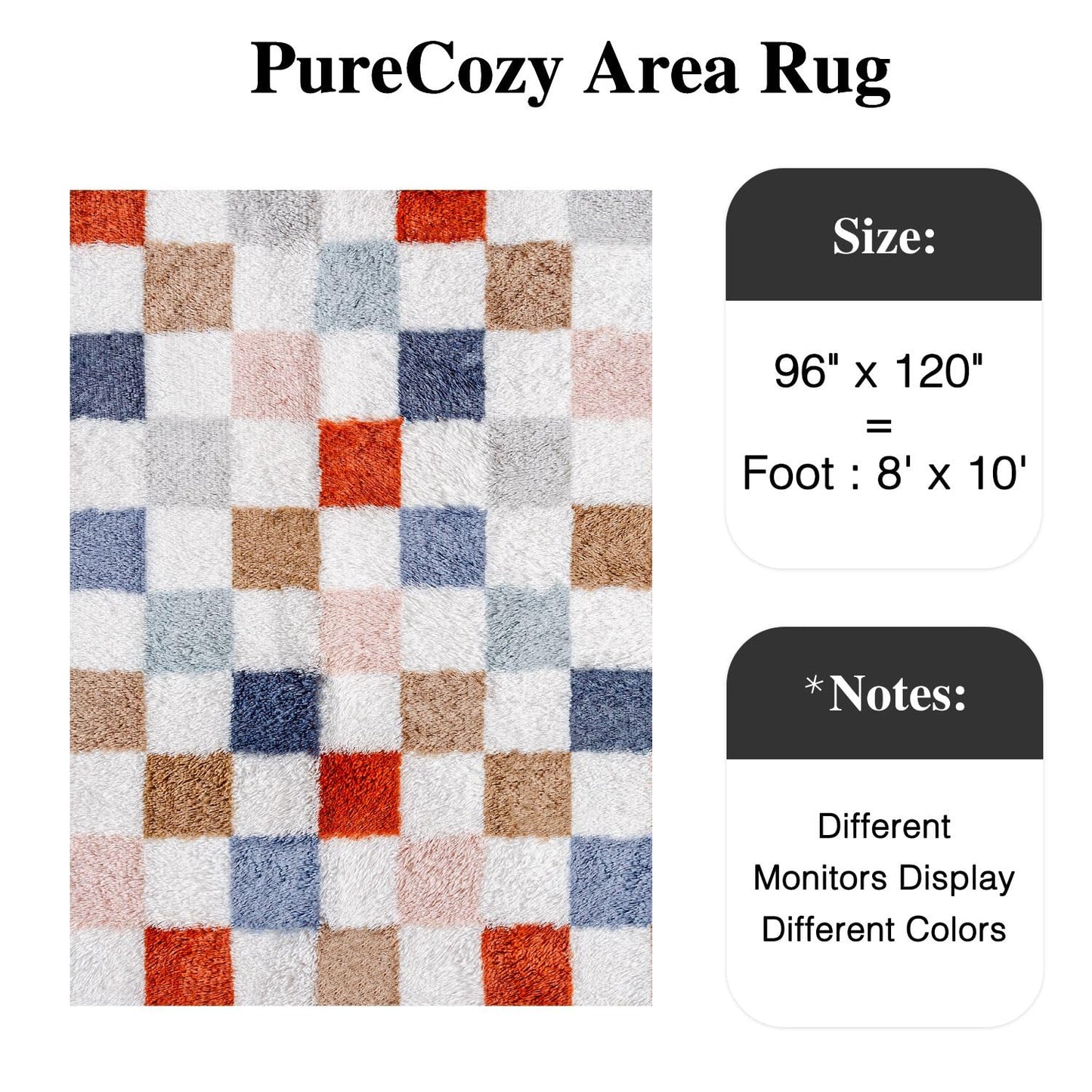 PureCozy Checkered Rug 8x10 for Living Room, Modern Rainbow Shag Rug Washable Non-Slip Large Area Rug Super Soft Indoor Fuzzy Carpet Fluffy Rugs for Bedroom Home Aesthetic Decor
