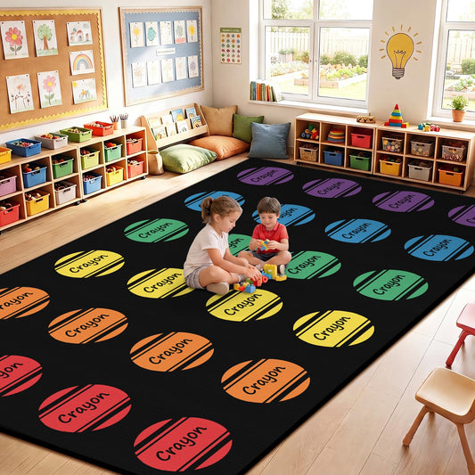BreezeHug 7.6 x 12 ft Crayon Circle Classroom Rug Elementary Colorful Classroom Carpet Non-slip Thick Educational Area Mat for Preschool Elementary School Playroom Nursery Daycare Back to School Decor