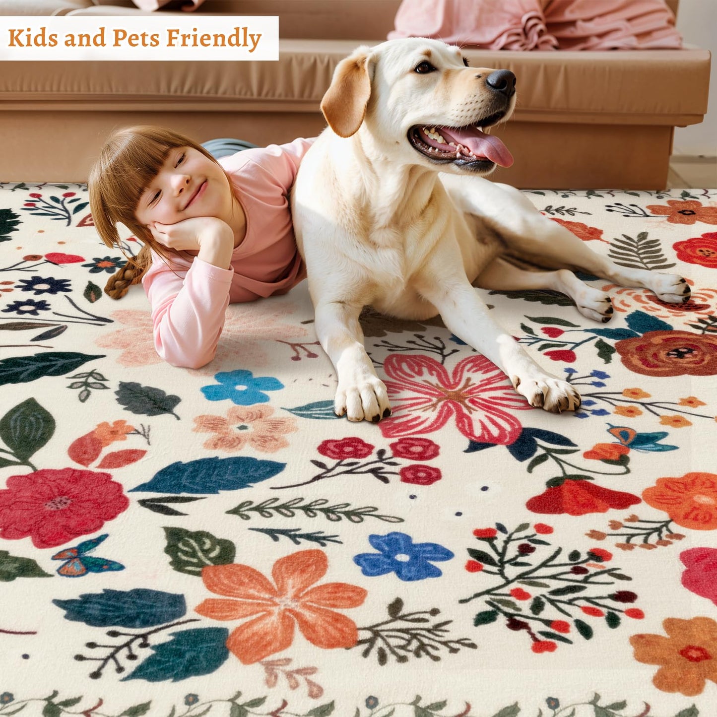 Tangsoo 2x3 Small Area Rug for Entryway, Non Slip Machine Washable Boho Floral Entry Rug, Soft Low Pile Throw Rugs Door Mat Indoor Entrance Floor Carpet for Bedroom Kitchen Bathroom, Kids Room(Beige)