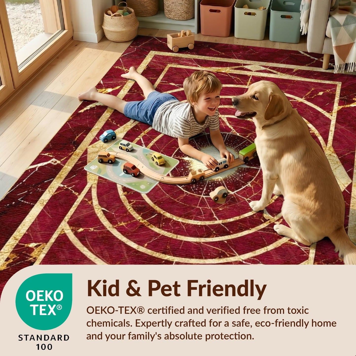 Design&I 4'x6' Ruby and Gold Centerpiece Geometric Washable Area Rug