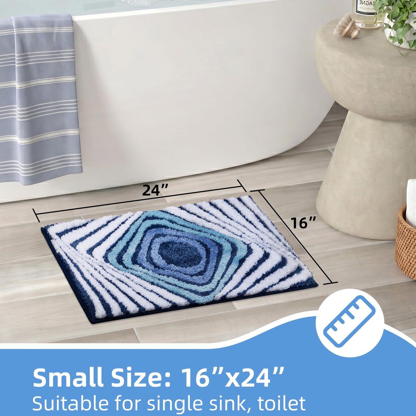 Cevolyn Funky Blue Bathroom Rug, Absorbent Non Slip High Pile Tufted Bath Mat with 3D Striped Pattern, Plush Microfiber Shower Rug for Bathroom Sink, Tub, Machine Washable, 16"x24"