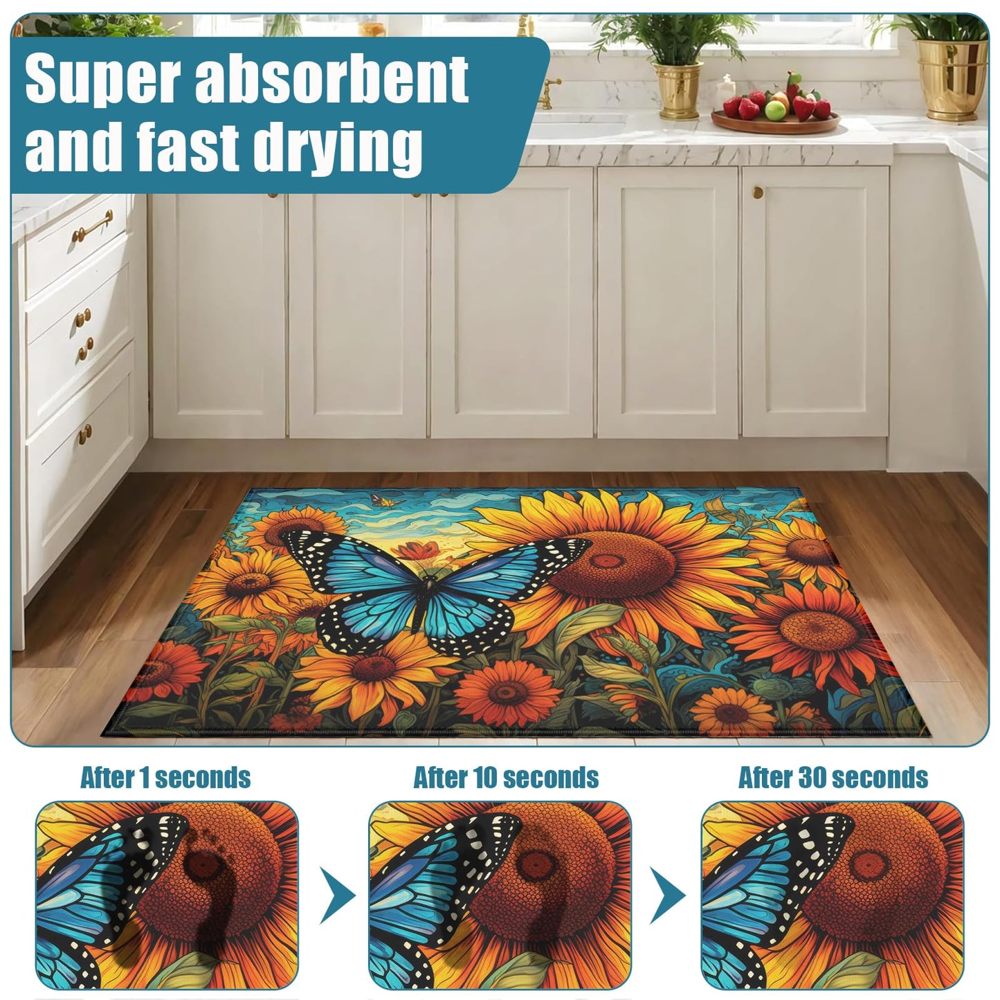 Summer Sunflower Indoor Door Mat, Butterfly Outdoor Entrance Doormat for Entryway Kitchen Bathroom 17 X 29 Inch