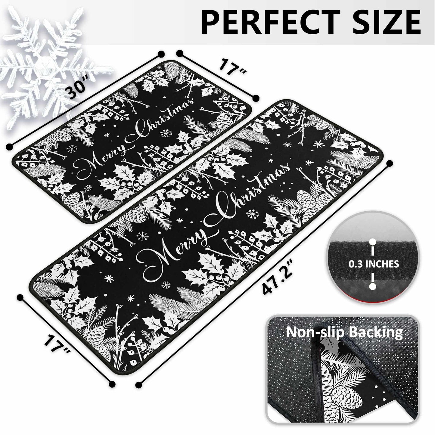 Christmas Kitchen Mats Set of 2, Black Christmas Decorations for Home, Holly Pine Branches Pinecones Kitchen Rugs Non-Slip Backing Winter Floor Mat Xmas Decor Washable Runner Rug 17"x47.2"+17"x30"