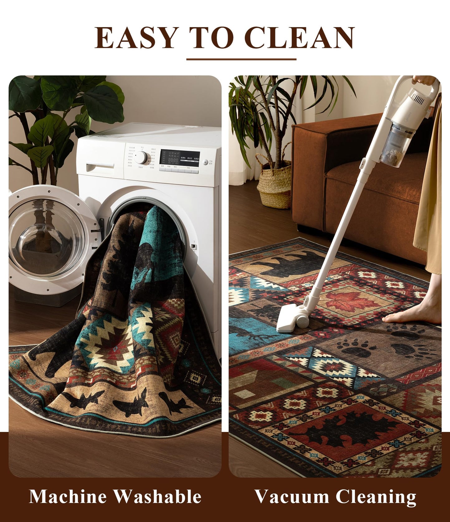 YIHOUSE Rustic Cabin Area Rug 4x6,Machine Washable Lodge Bear Rug,Non-Slip Low Pile Print Pattern Western Aztec Rug for Living Room Bedroom