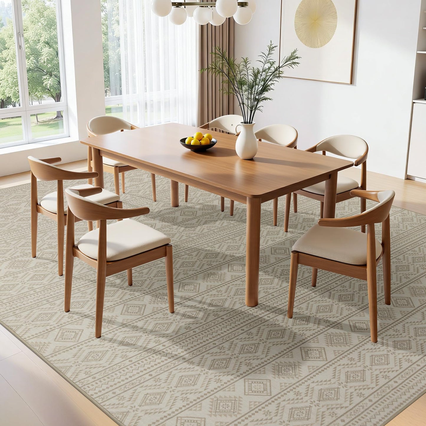 Joydeco 5×7 Area Rugs for Living Room, Non-Slip Boho Moroccan Soft Washable Rug, Low Pile Carpet for Bedroom, Dining Room, Home Office, Pet & Child Friendly, Cream&Dark Brown