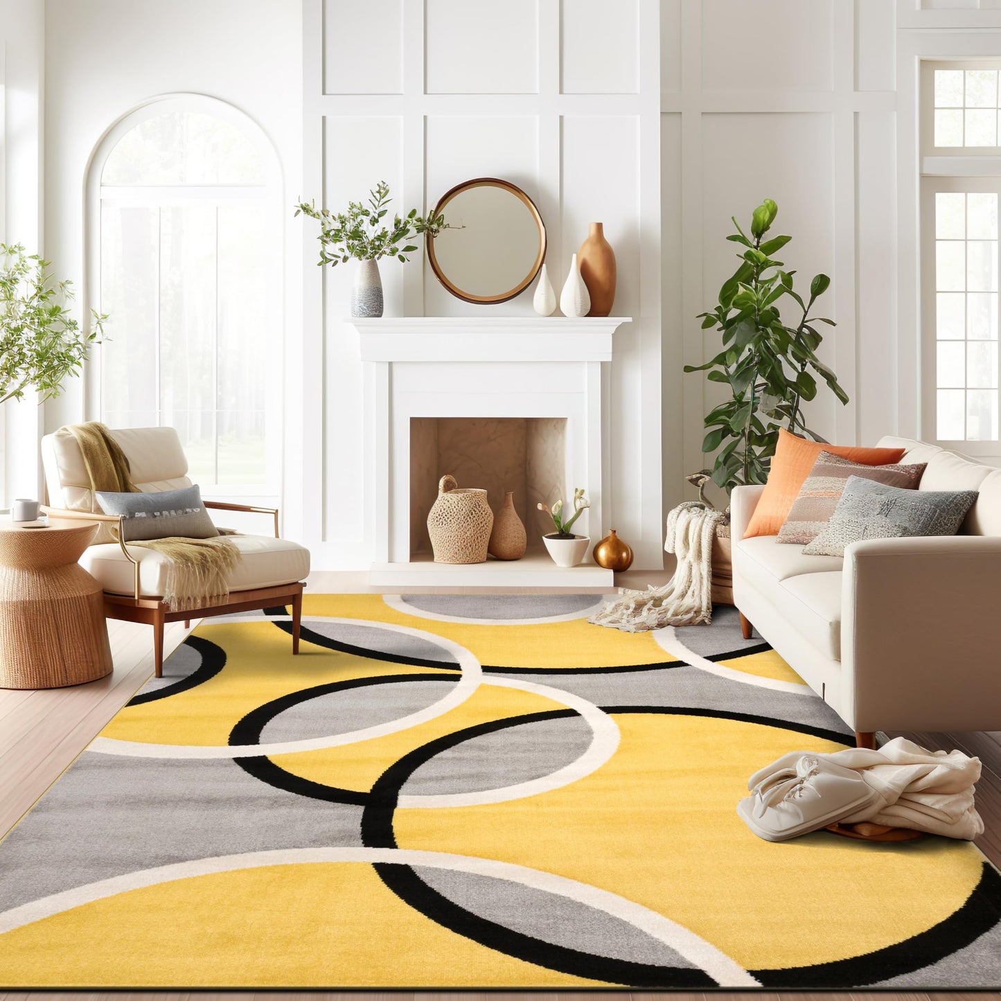Rugshop Contemporary Abstract Circles Area Rug, Fade-Resistant Carpet for Living Room, Bedroom, or Dining Room, Yellow, 7'10" x 10'2"
