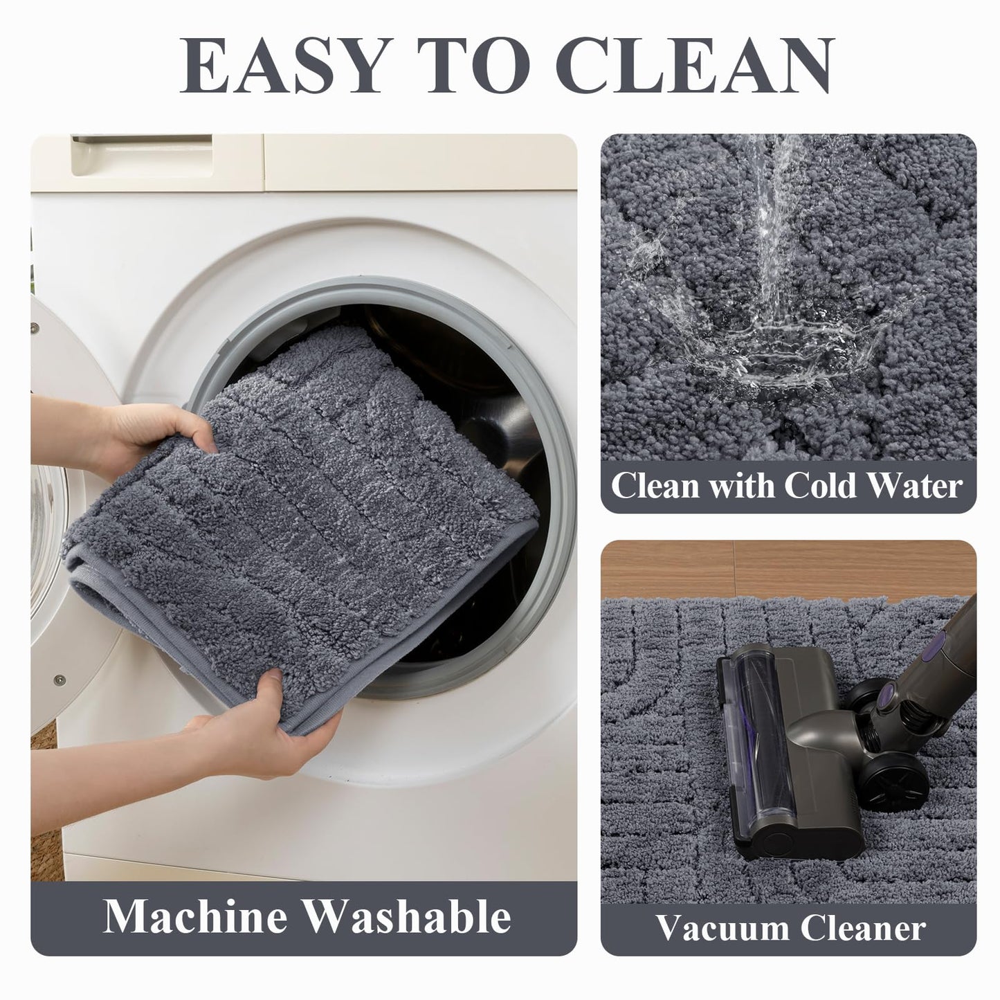 Vaukki Bathroom Rugs Sets 3 Piece, Grey Washable Non Slip Soft Bath Mats for Shower and Tub, Plush Absorbent Microfiber Toilet Rug U Shaped, 32x20+26x18+24x20 Inch