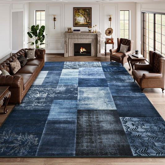 DweIke Washable Area Rugs 5x7 for Living Room, Modern Geometric Navy Blue Soft Patchwork Carpet, Non-Slip Stain Resistant Throw Rug for Bedroom Dining Room Office Home Decor