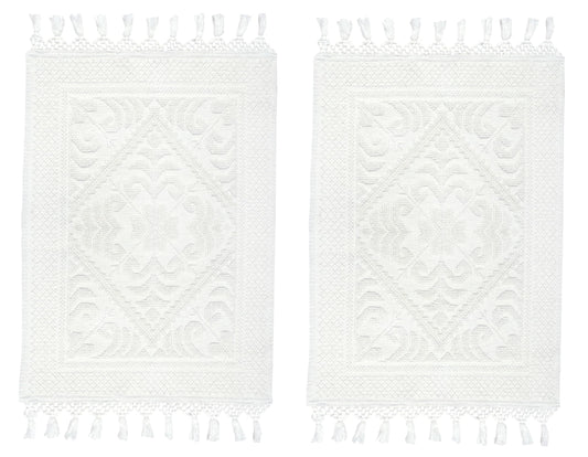 COTTON CRAFT Woven Area Rug - 2 Pack Cotton Jacquard Textured Rug - Boho Farmhouse Rustic Throw Rug with Fringe - Machine Washable Accent Mat for Bedroom Living Room Entryway Nursery - 20x32 - White