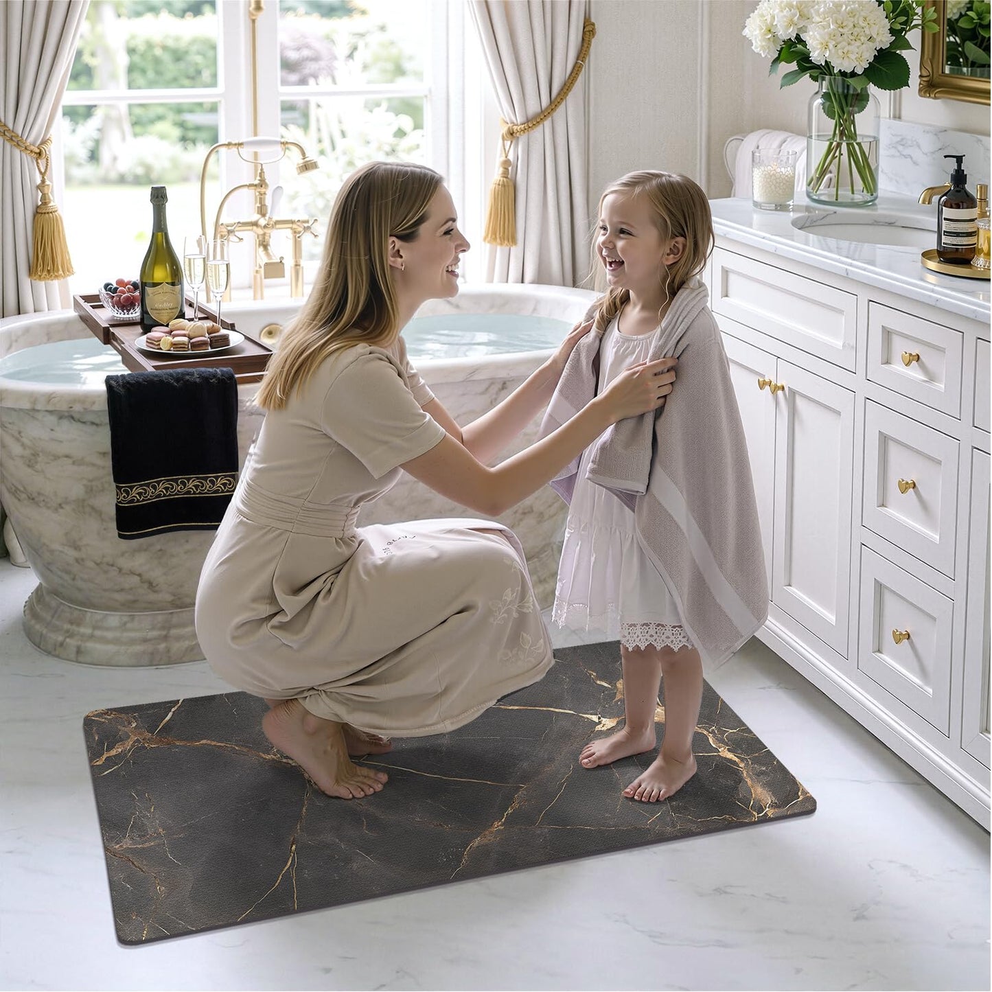 Color&Geometry Ultra Thin Bathroom Rugs Non Slip,Absorbent Quick Dry Bath Mats for Bathroom,Thin Bath Rugs Washable with Rubber Backing Fit Under Door Outside Shower,Gold-Veined Marble,24"x36"