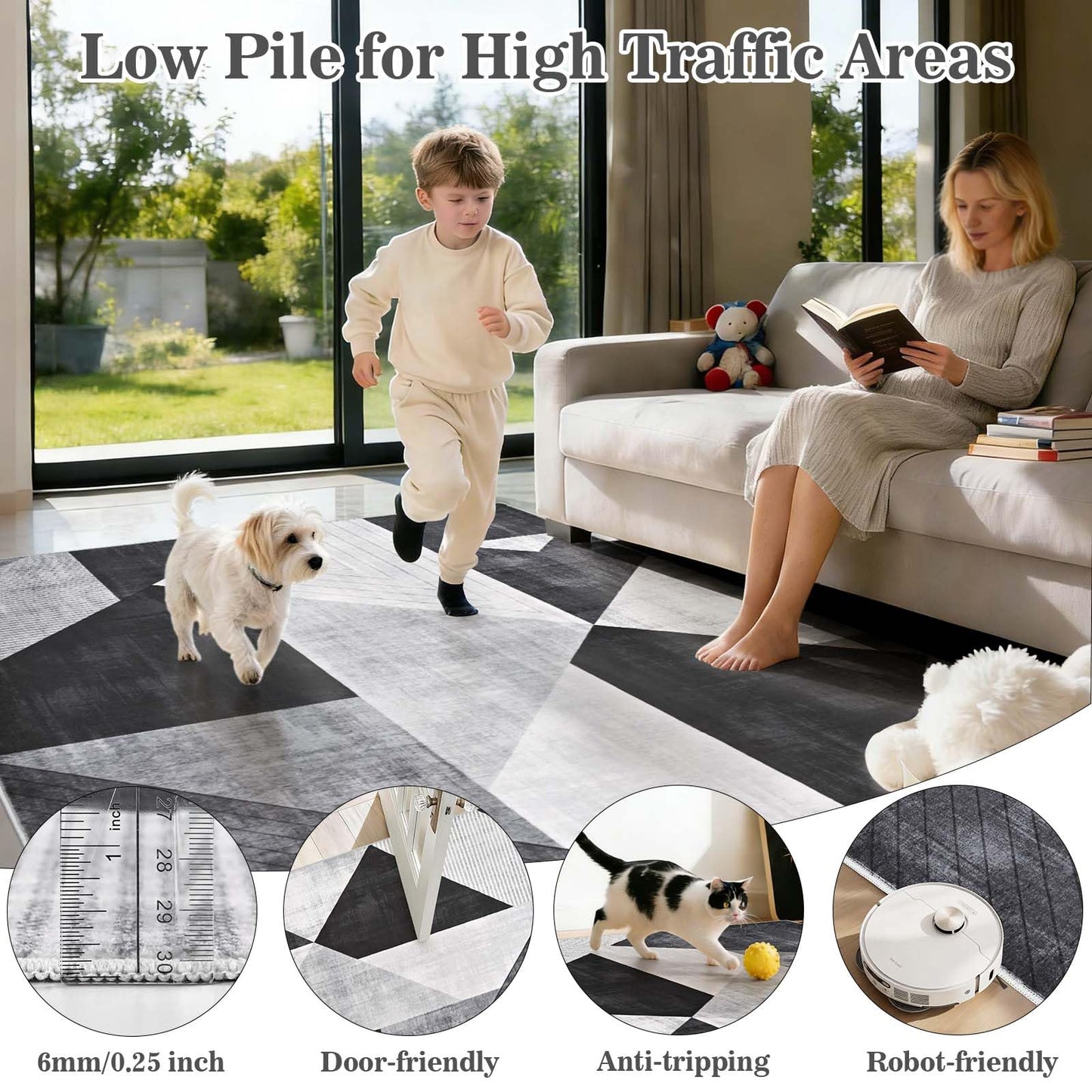 Yinhua Modern Geometric Area Rugs 9x12 Living Room Grey Washable Rugs Non Slip Low Pile, Large Soft Bedroom Rug Non Shedding, Modern Simplicity Carpet for Home Office, Dining Room, Grey Black