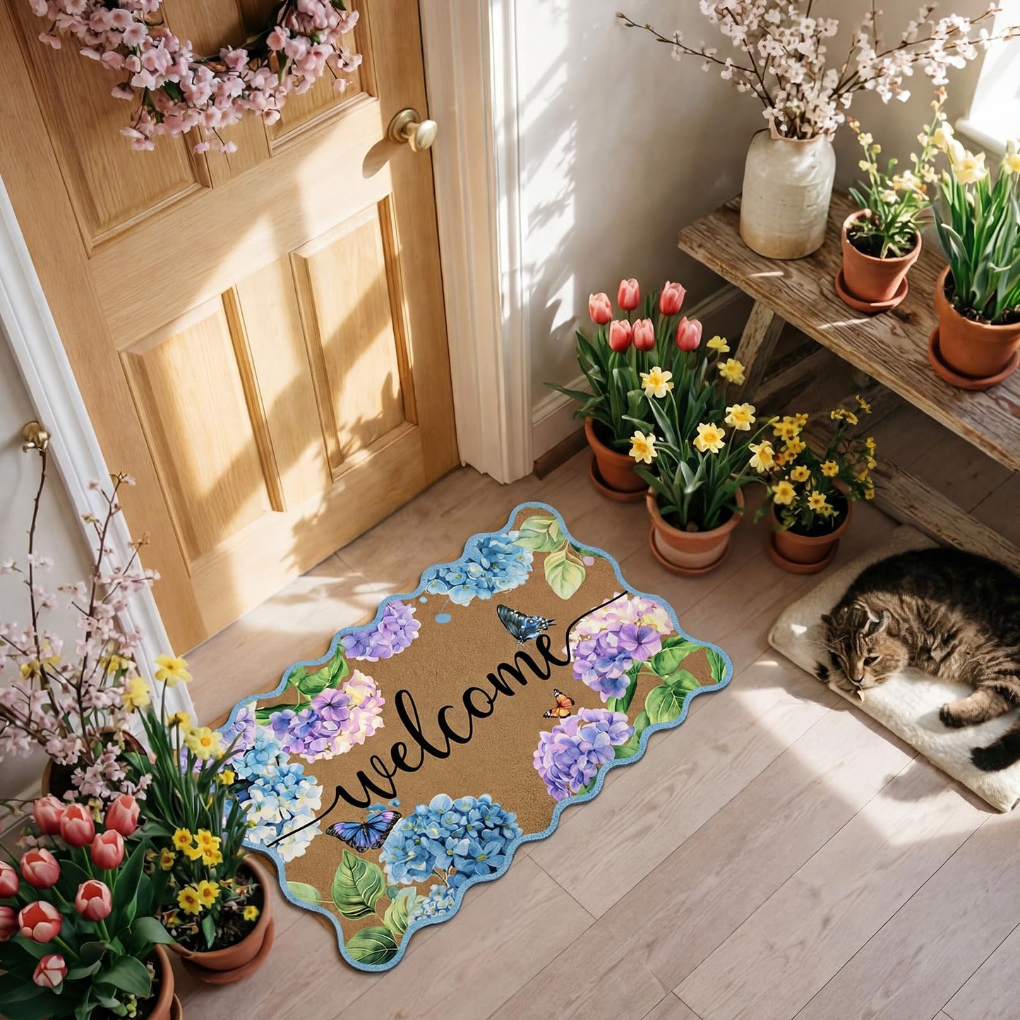 Tinideya Hydrangea Scalloped Doormat Summer Blue Flower Welcome Door Mat 27.6 x 15.7 Inch Artificial Coir Non Slip Cute Butterfly Entrance Rugs for Indoor Outdoor Front Kitchen Bathroom Decor
