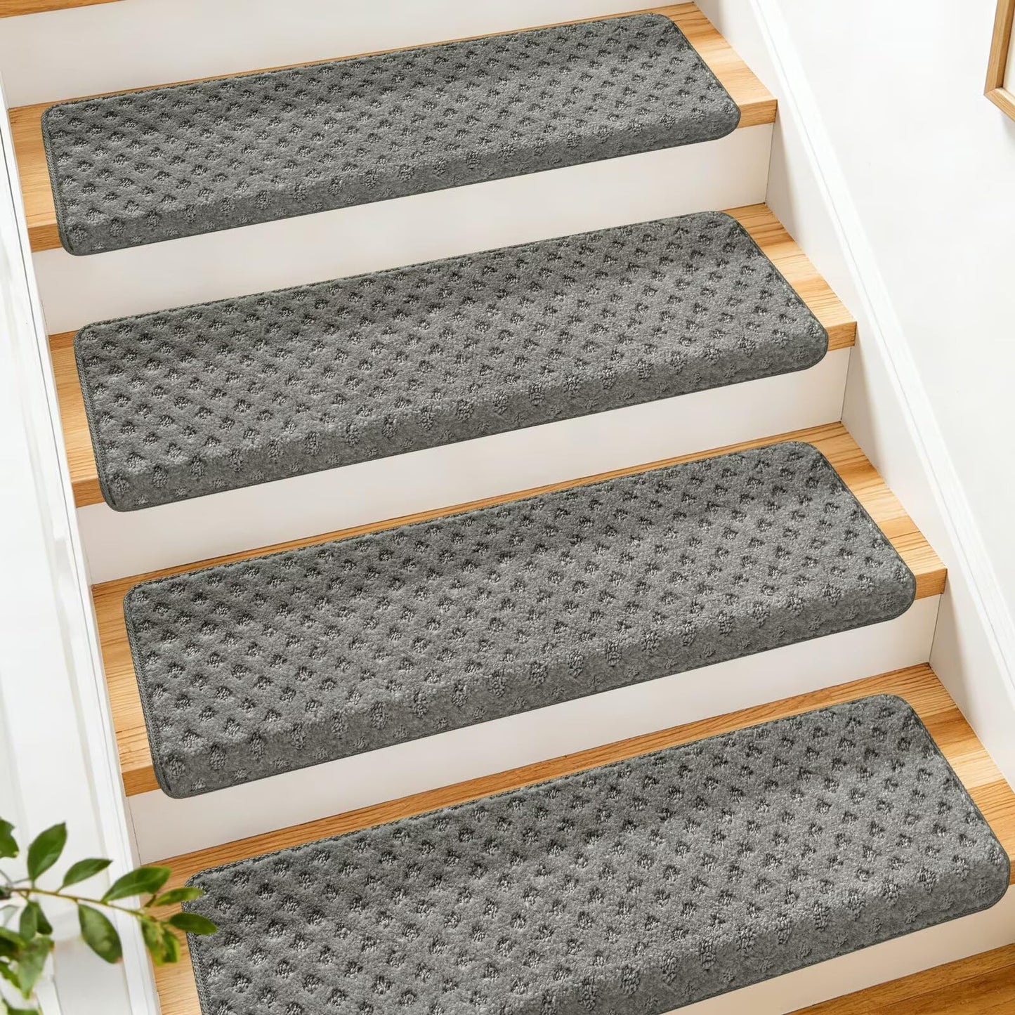 DEXDE Bullnose Carpet Stair Treads Non Slip for Wooden Steps Indoor, 30" x 9.5" x 1.7" (14 Pack) Grey - Peel and Stick Stair Runner Rugs with Edge Protection, Washable & Reusable Pet Friendly Mats