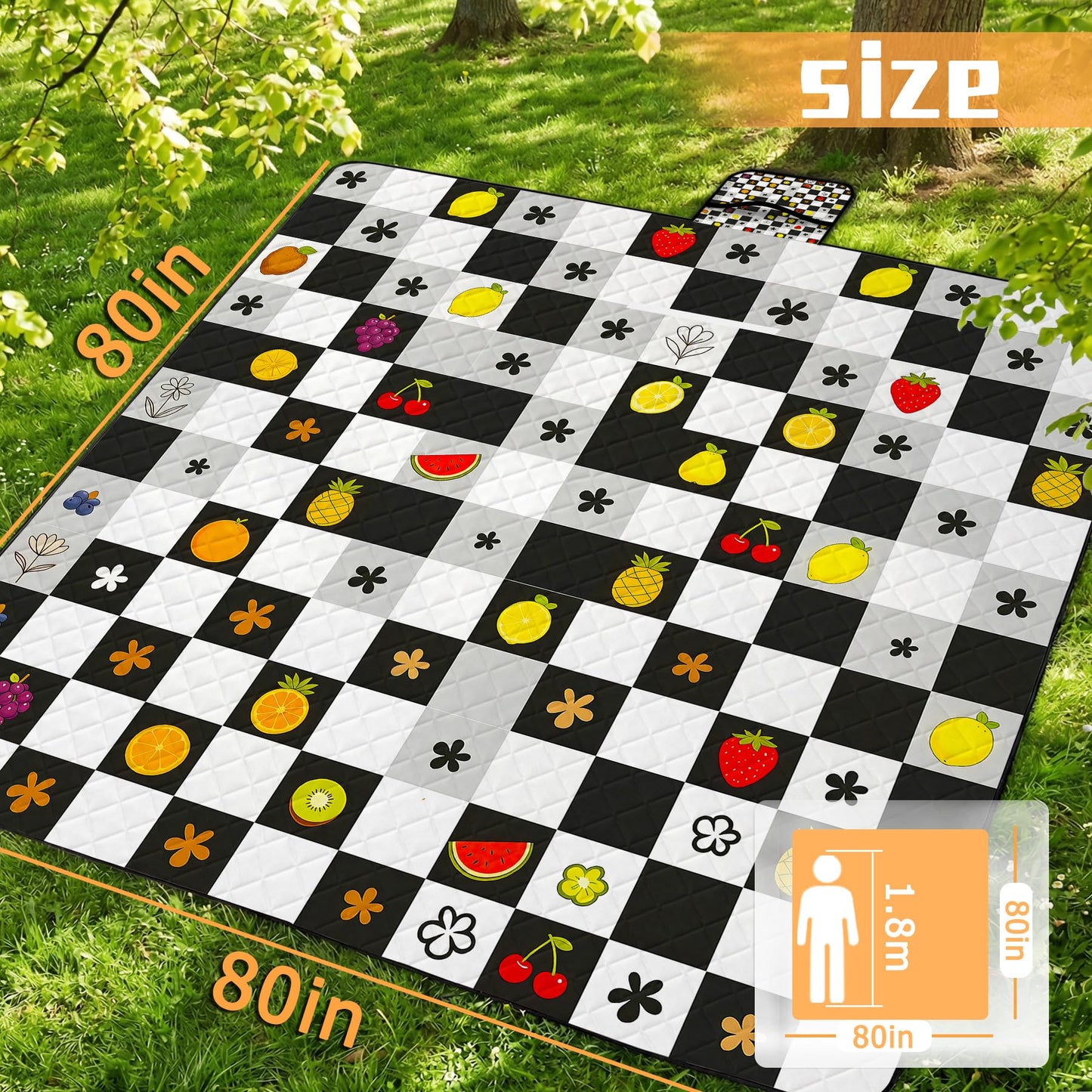 Alissgorat Picnic Blankets Outdoor Blanket,80"x 80" Extra Large Waterproof Sandproof Foldable Beach Blanket Grid Picnic Mat for Camping,Lawn,Park(Black)