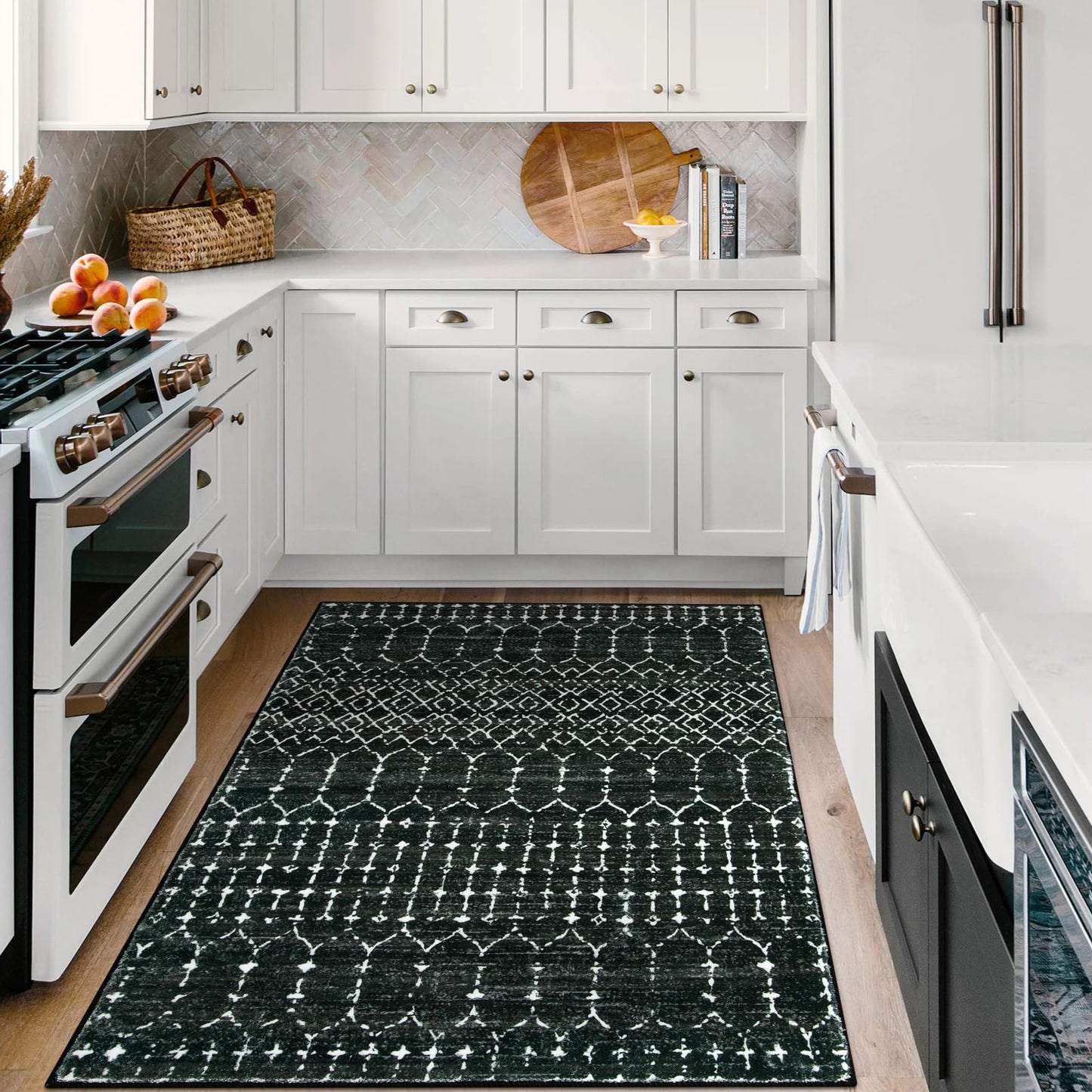 Lahome Moroccan Black Area Rug for Living Room 3x5 Non-Slip Washable Stain Resistant Large Kitchen Rugs Throw Low-Profile Soft Bedroom Carpet Geometric Print Rug for Entryway Dining Room Hana