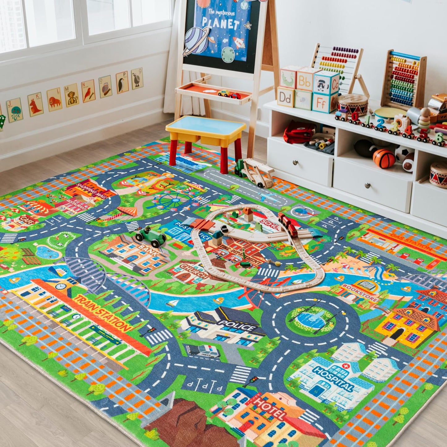 plumlik Car Rug Play Mat for Kids Toy Cars, Road Traffic Playmat for Kid Bedroom, Non-Slip Machine Washable Town City Race Track Carpet for Learn and Have Fun Classroom Rugs 4'x5'/ 48" x60