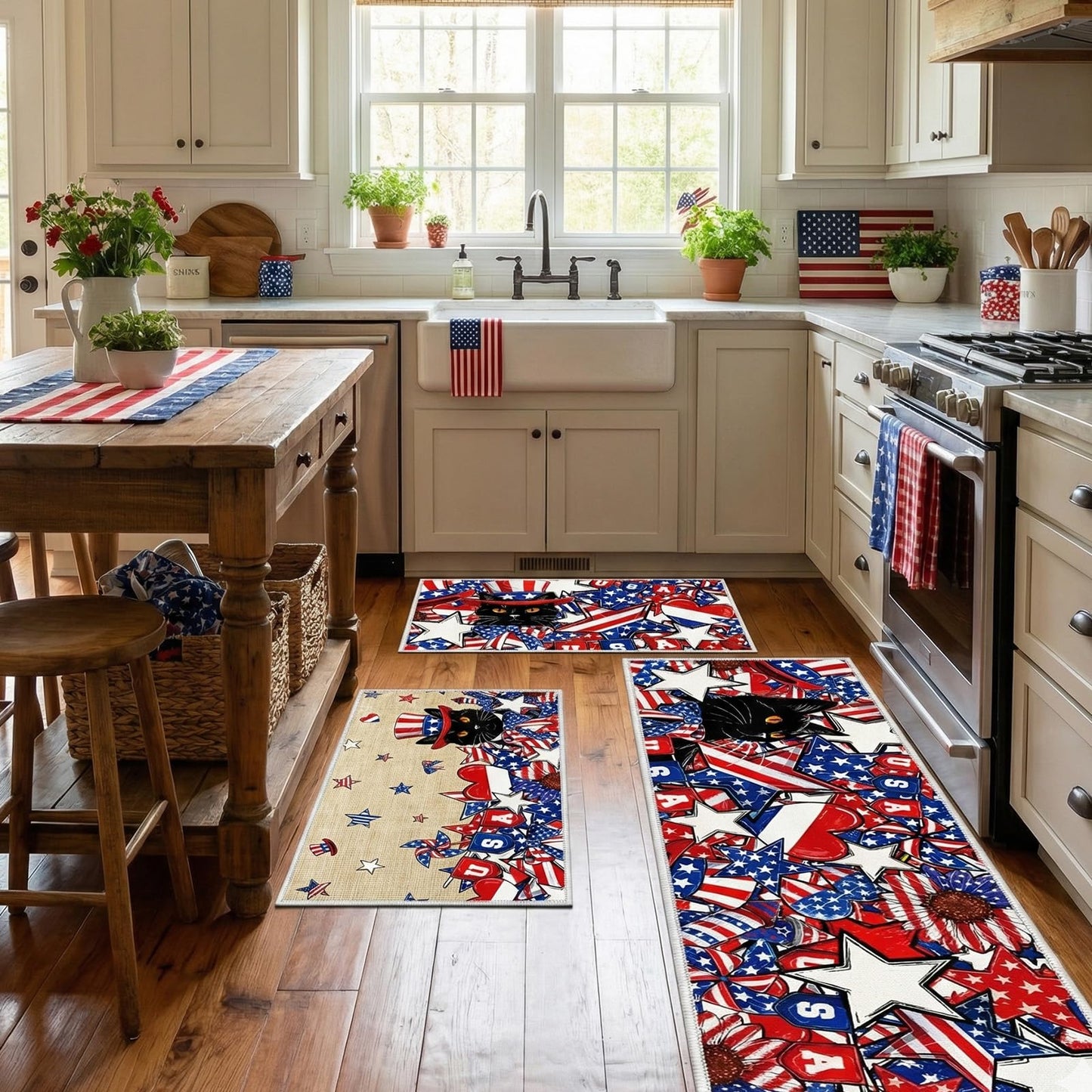 Yoyuspy Kitchen Mats for Floor Decor, 4th of July Black Cat Kitchen Rug Non Slip Washable Sets of 3, Patriotic Floor Mat for Home Sink and Laundry 16x28+16x47 Inch