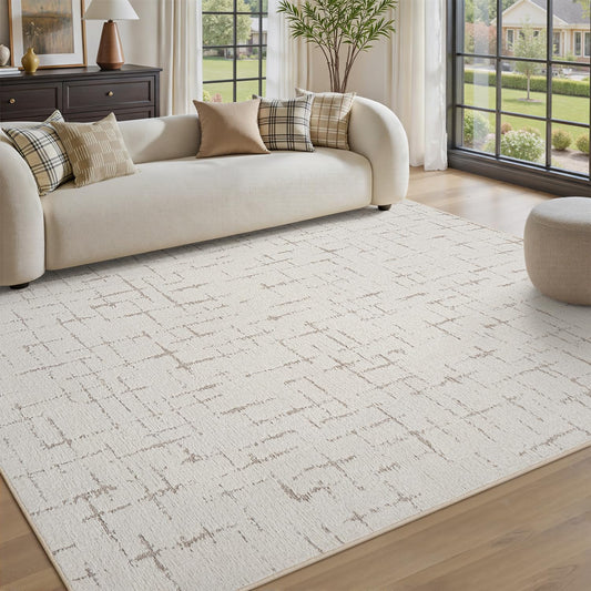 Engiw-Beige Neutral 5x7 Area Rug for Living Room Rug-Carpet Bedroom Rugs Textured Tufted Jacquard Modern Washable Rug for Dining Room Nursery Non Slip