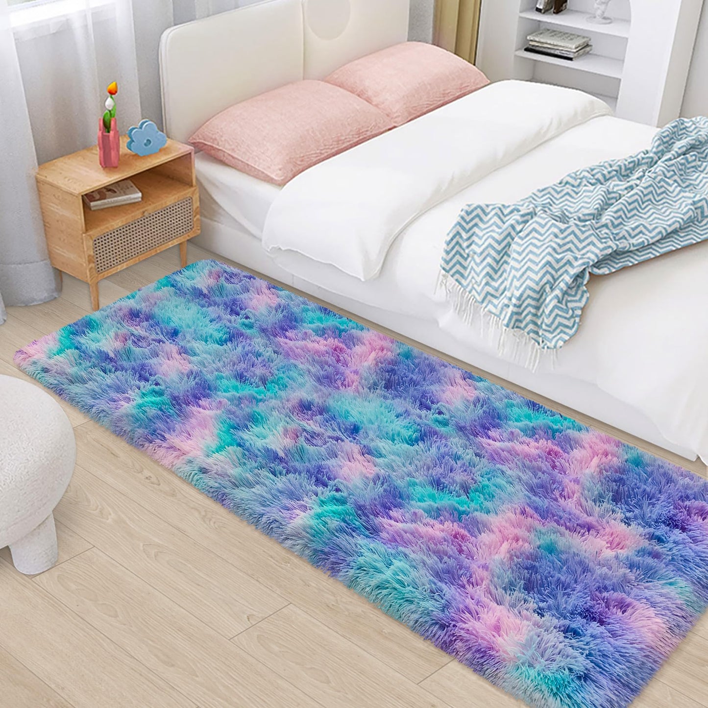 TENNOLA Shaggy Tie Dyed Light Blue Purple Runner Rug 2x6 ft Bedside Area Rugs for Living Room, Anti-Skid Extra Comfy Fluffy Floor Carpet for Indoor Hallway Home Decorative