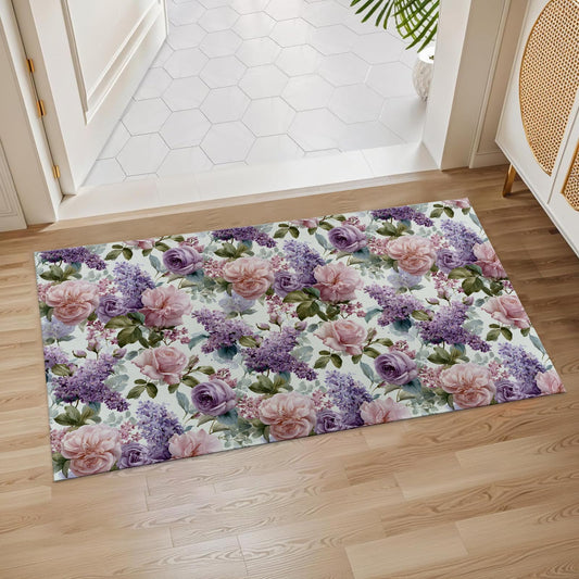Floral Indoor Door Mat, 17x29.5 Inch, Floor Area Rug for Entryway, Living Room, or Bathroom, Non-Slip Doormat, Vintage Pink Rose and Purple Lilac Flower Design Home Decor Rug Gifts