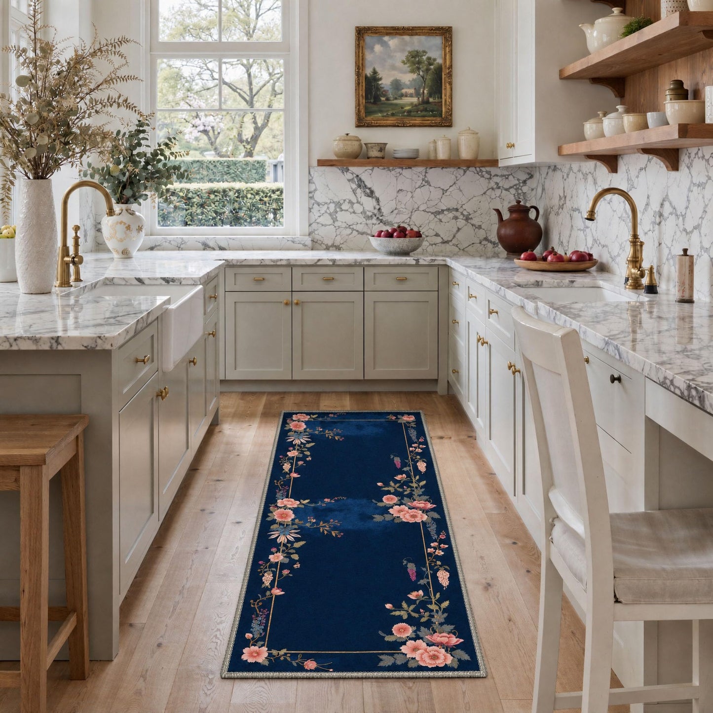 GENIMO 8X10 Area Rugs for Living Room, Machine Washable Non Slip Stain Resistant Low Pile Rug, Floral Border Soft Rugs for Bedroom, Dining Room, Home Office, MidnightBlue
