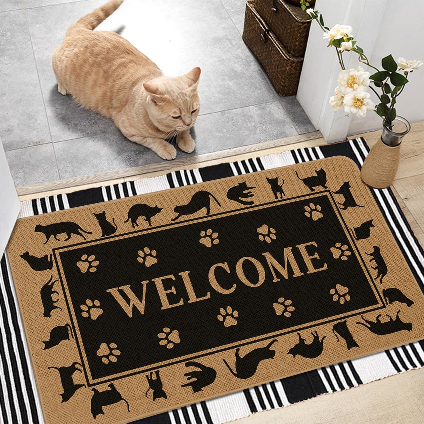 Kuyuayee Cat Welcome Door Mat 30x17 Inch Black Cats Front Doormat Indoor Outdoor Funny Cat Floor Mats Non-Slip Washable Pet Home Decor