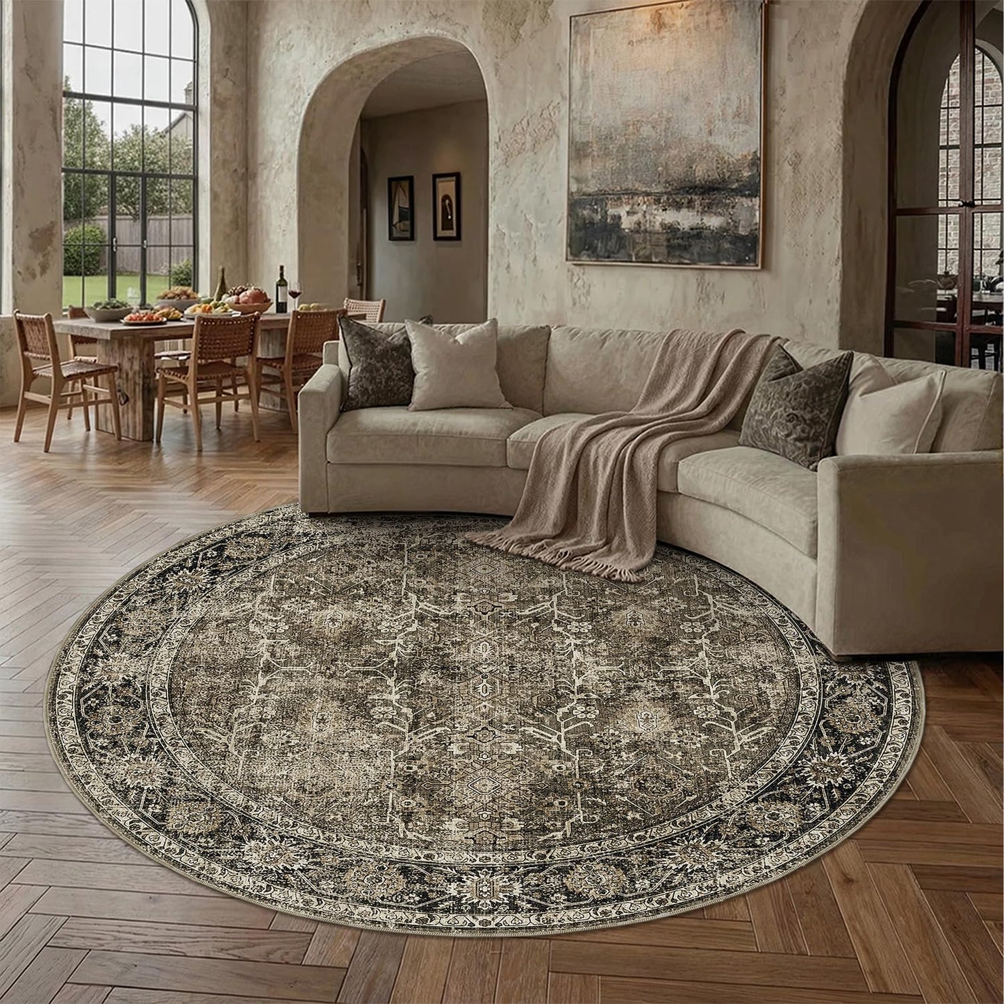 PureCozy Brown Round Area Rug 8ft Washable 8x8 Circle Vintage Low Pile Indoor Large Kitchen Living Room Carpet Non Slip Traditional Distressed Retro Accent Throw Rug Office Dining Room