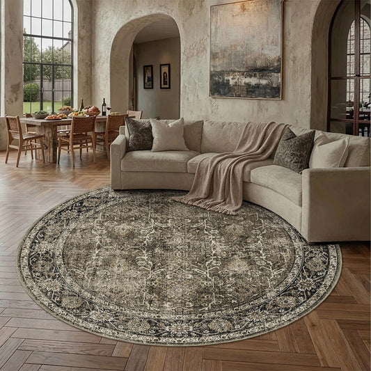 PureCozy Brown Round Area Rug 8ft Washable 8x8 Circle Vintage Low Pile Indoor Large Kitchen Living Room Carpet Non Slip Traditional Distressed Retro Accent Throw Rug Office Dining Room